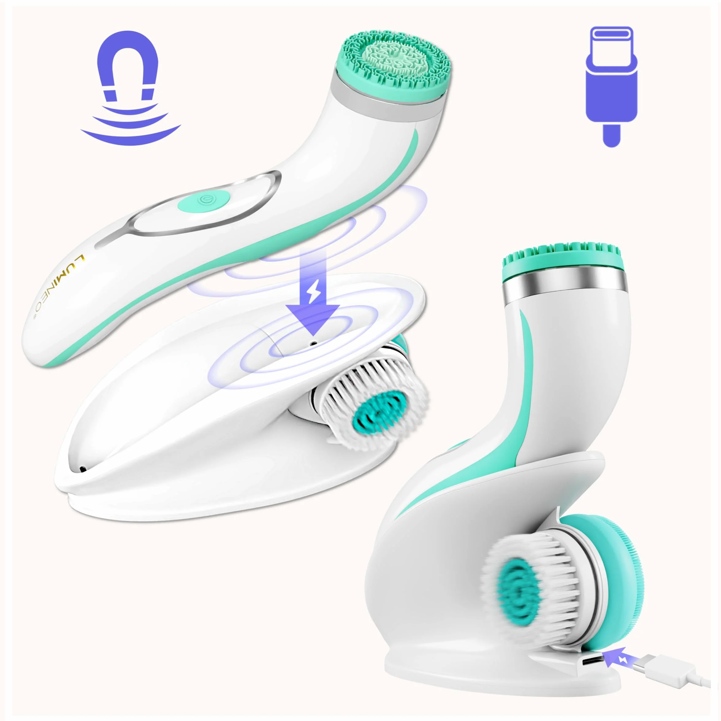 Lumineo Szczoteczka do oczyszczania twarzy z żelem, do usuwania makijażu, peelingu, czyszczenia, elektryczna szczotka USB (Pro Turkusowa - skóra normalna)