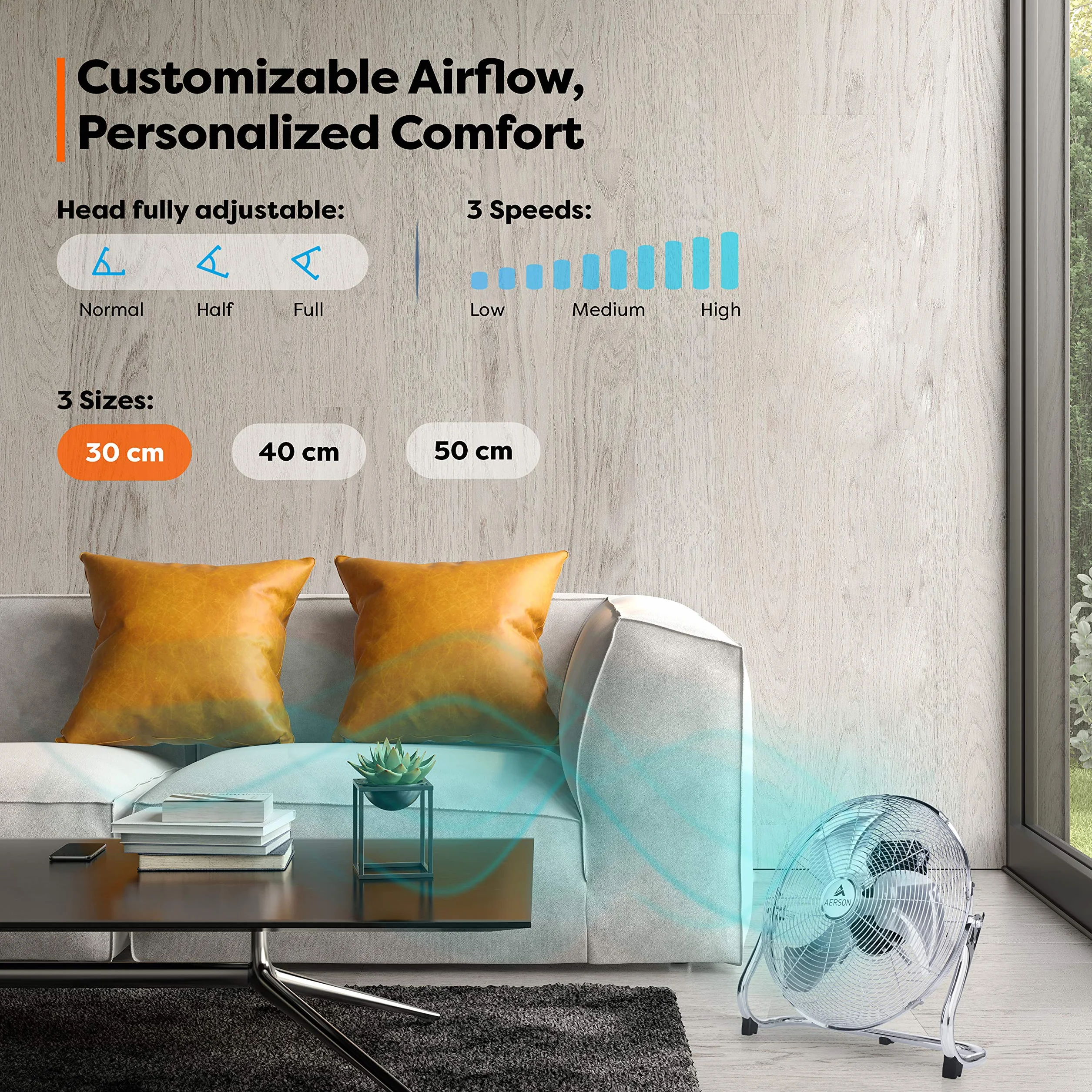 TRESKO Aerson wentylator podłogowy 30 cm 55 W 3 poziomy mocy metalowa konstrukcja