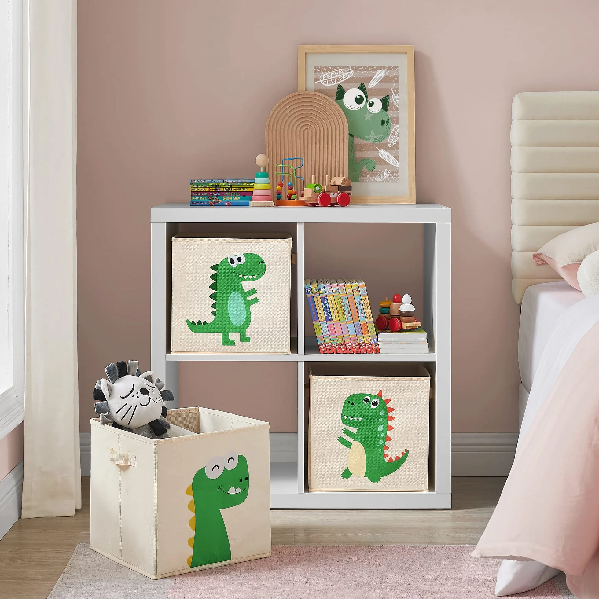 SONGMICS Pudełko Do Przechowywania Zestaw 3 Koszy Do Przechowywania Zabawek Pudełka Do Przechowywania Tkaniny 30x30x30 cm Pokój Zabaw Dinozaur Tematyczne Beżowy RFB704W03