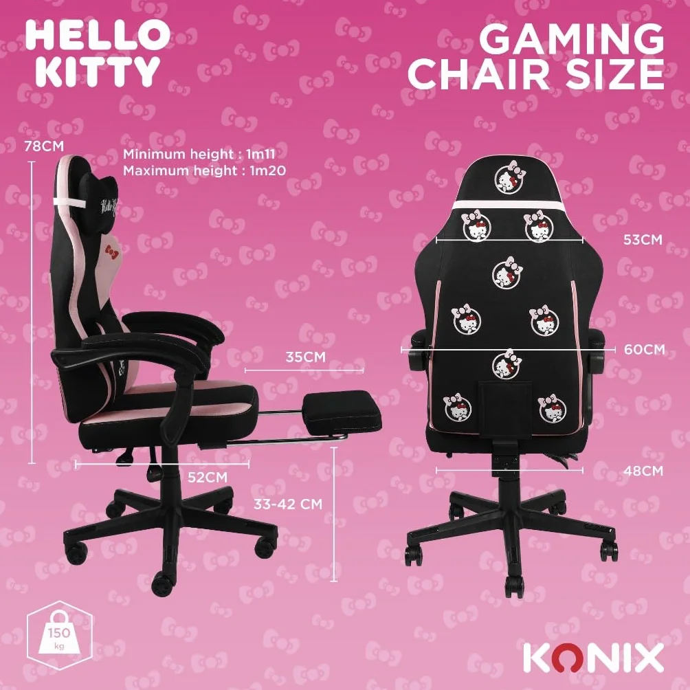 Konix Hello Kitty Gaming Krzesło biurowe 150° nachylenie drewniana metalowa rama poduszka podnóżek czarno-różowy