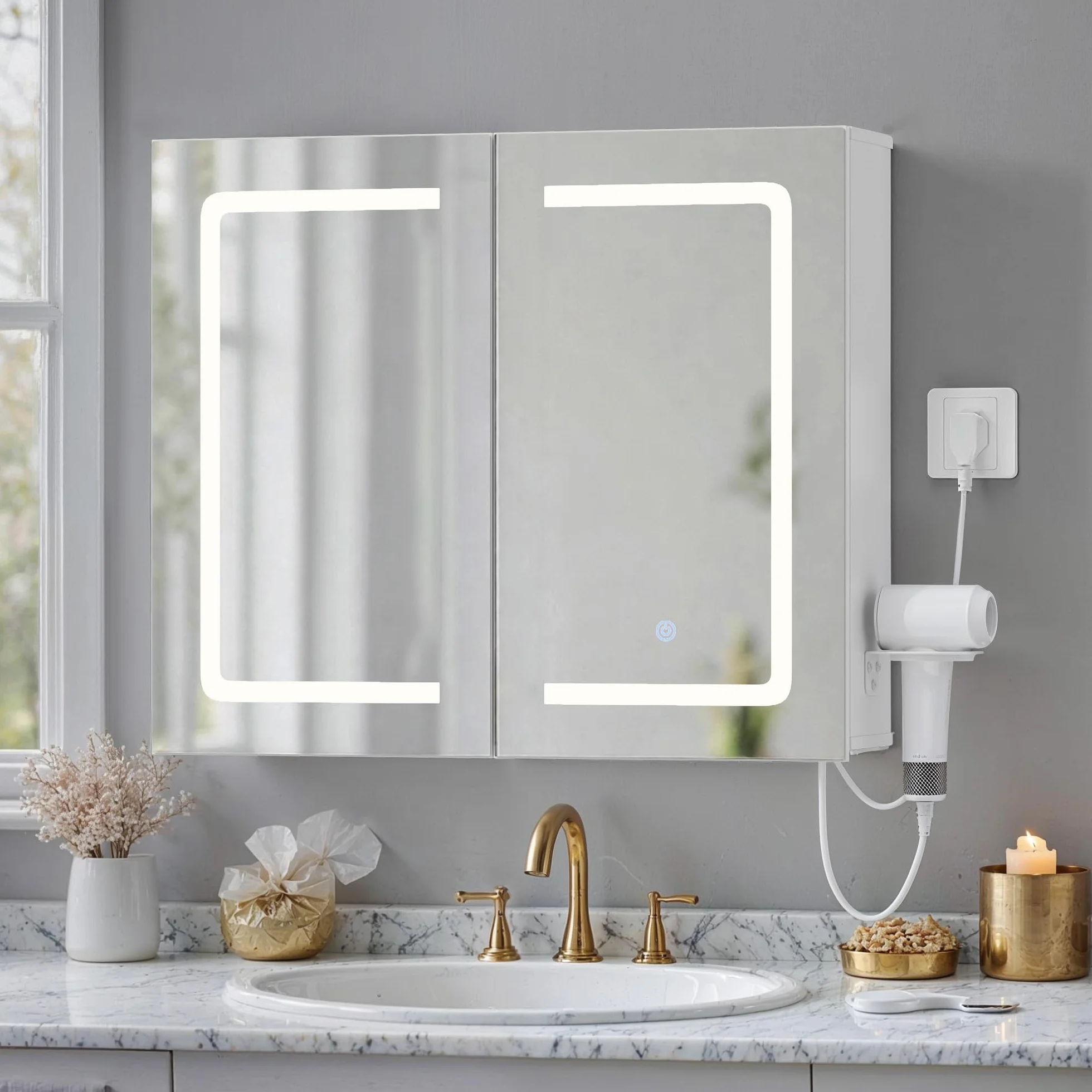 70cm Szafka łazienkowa z lustrem LED ściemnialna dotykowa z gniazdkiem MDF 80cm