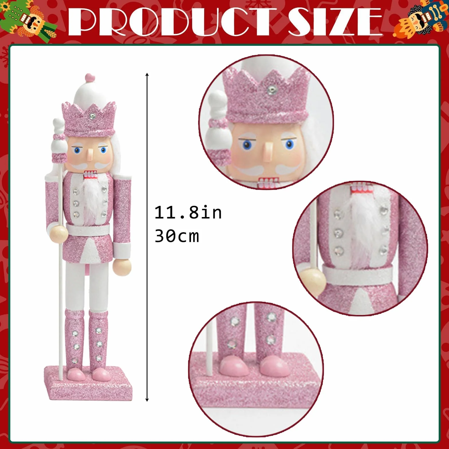 Różowy biały drewniany dziadek do orzechów 30 cm ozdoby żołnierza, dekoracje choinkowe, mini figurki dziadka do orzechów, wiszące ozdoby, dziadek do orzechów, żołnierz, lalka, wisiorek na drzewo,