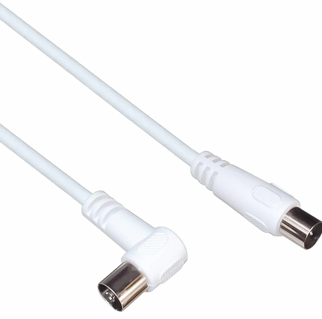 PremiumCord Kabel Antenowy Połączeniowy do TV, 75 Ohm, Wtyczka IEC do Gniazda 90°, Ekranowany - do DVB-C, DVB-T/T2, 4K UHD 2160p, FULL HD 1080p 3D, Kolor Biały, Długość 3m