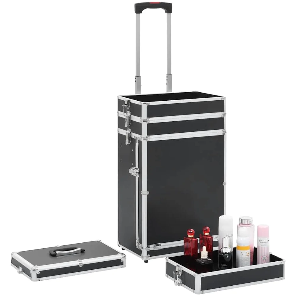 Walizka na kosmetyki aluminiowa czarna z 4 stopniami, 1 szuflada 37 x 24 x 74 cm, zdejmowane kółka, organizer do makijażu, produkt do pielęgnacji, podróż, bagaż podręczny