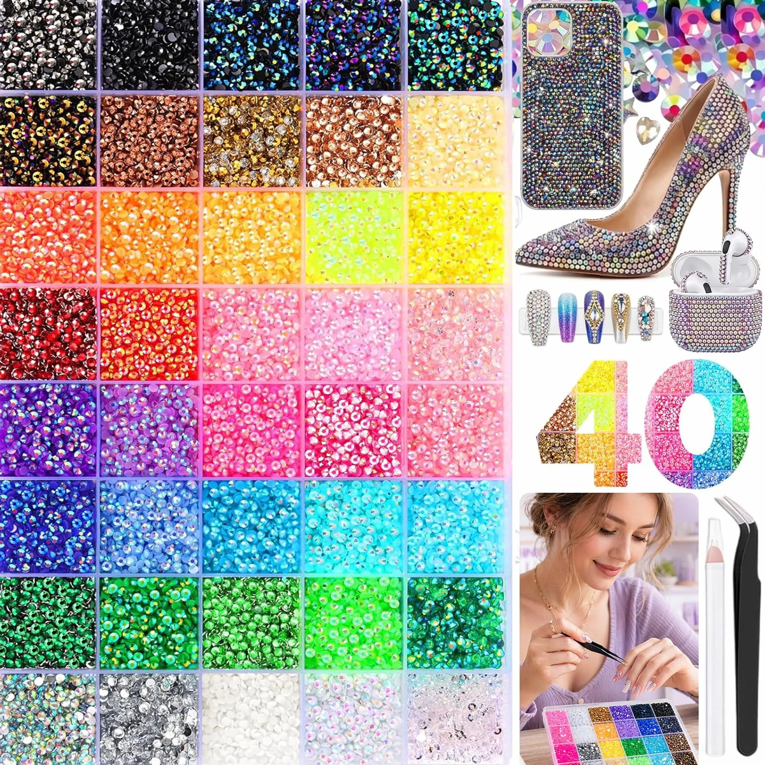 Zestaw do ozdabiania Bedazzler 35 000 sztuk kryształków typu Jelly w 40 kolorach, żywiczne kamienie o płaskim spodzie (3 mm) do zdobień w stylu Diamond Art w komplecie z, pęsetą i aplikatorem