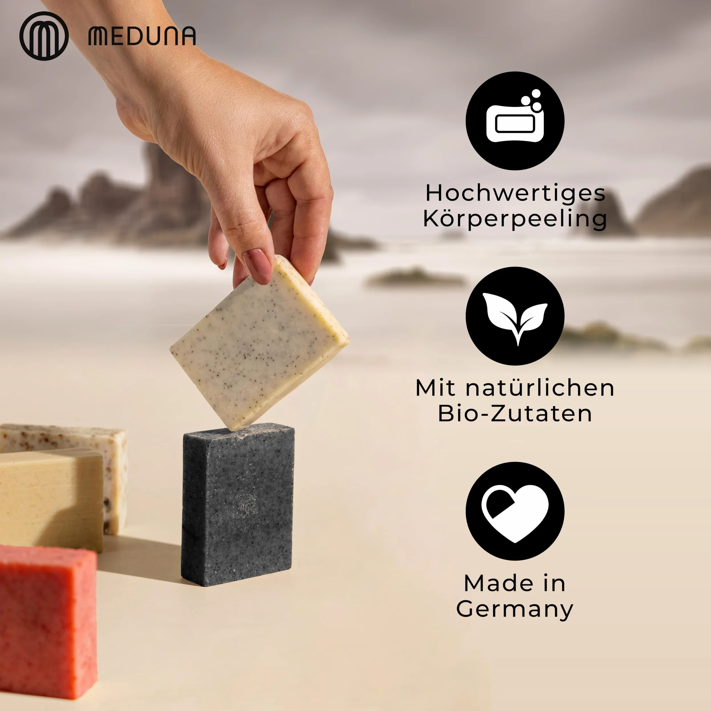 MEDUNA Mega mydło, zestaw 3 x 100 g mocnego mydła naturalnego + mocny szampon + przechowywanie - mydło do pielęgnacji - mydło do ciała do wszystkich rodzajów skóry - prezent dla mężczyzn - Made in