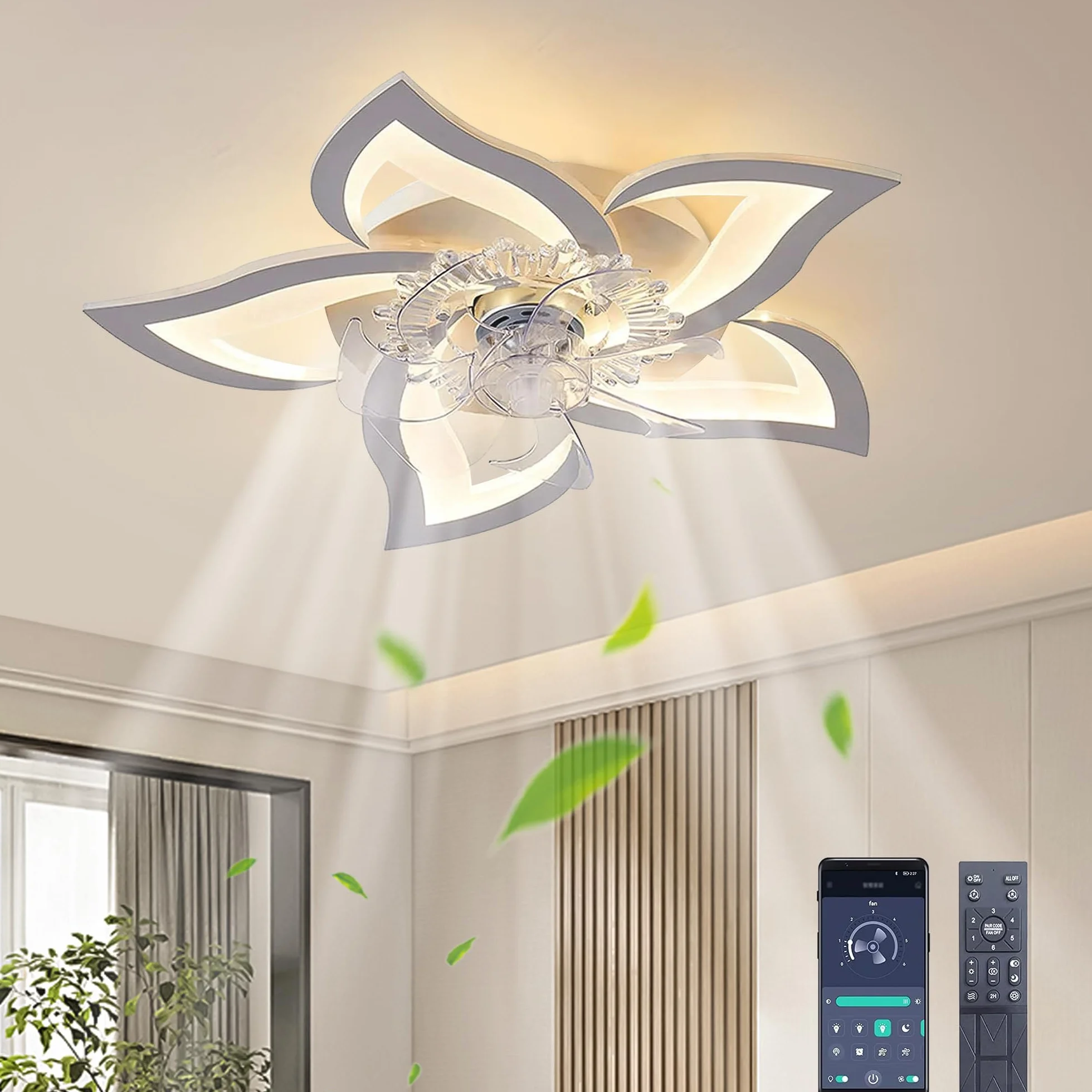 Wentylator sufitowy LED z podświetleniem, ściemnialny, cichy, 5 świateł