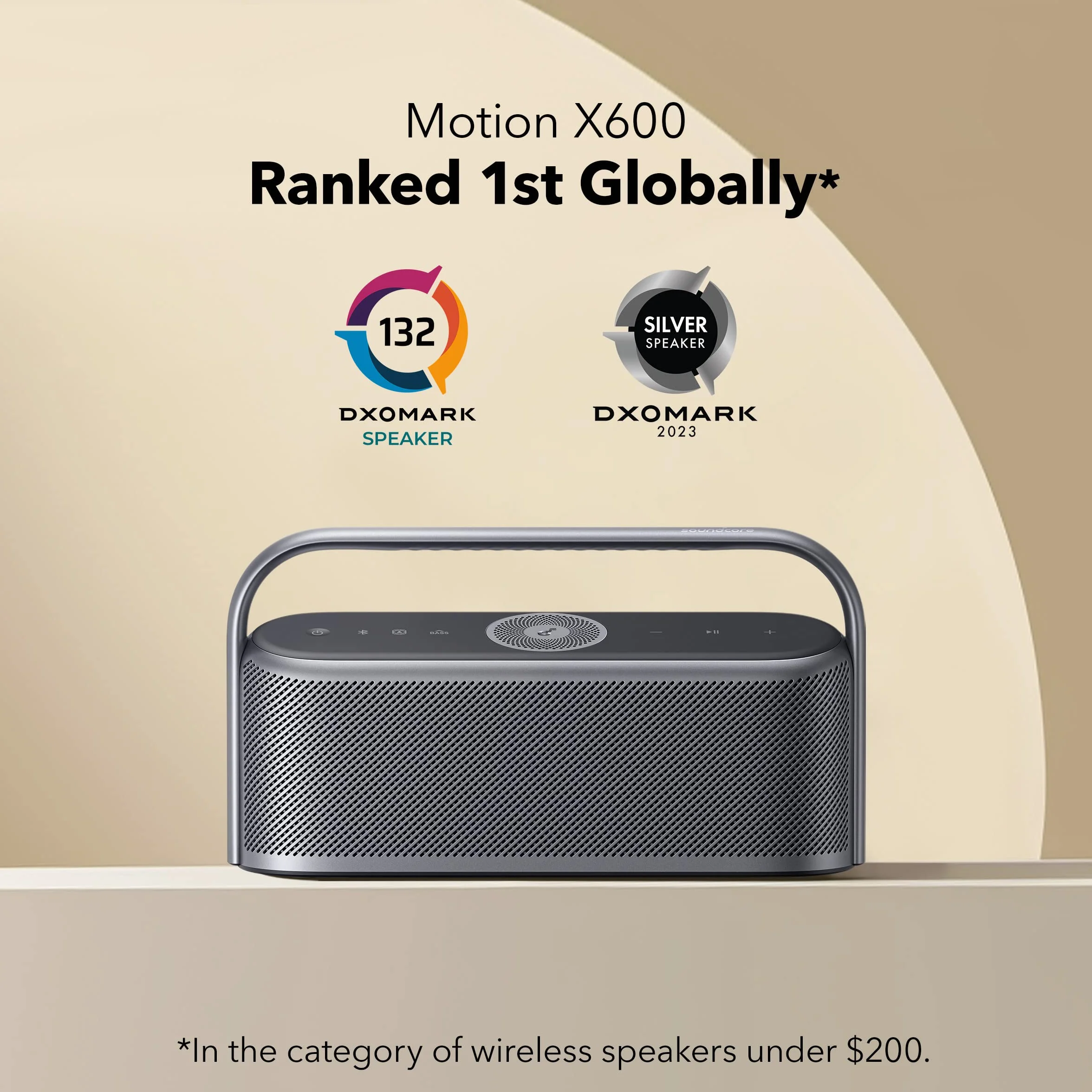 Soundcore Motion X600 głośnik Bluetooth z Hi-Res Spatial Audio(odnowiony), moc 50 W, przestrzenny dźwięk, wodoodporność IPX7, 12 h odtwarzania, Pro EQ, uchwyt do przenoszenia, wejście AUX-IN