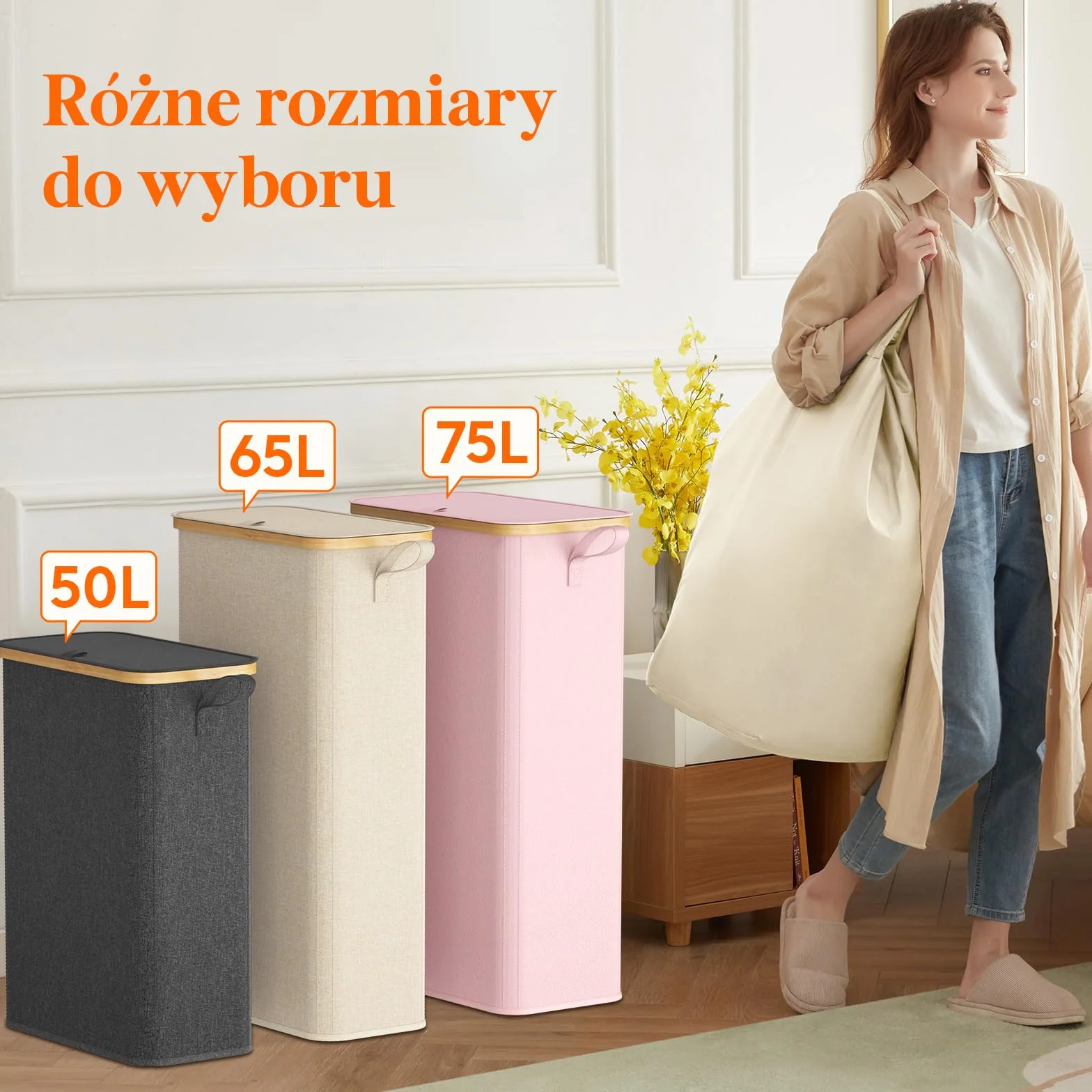 Lifewit Wąski Kosz na Pranie 65L Beżowy z Pokrywą Bambusową Ramą
