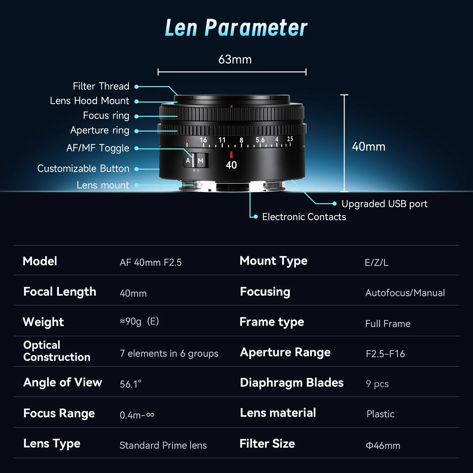 7artisans AutoFocus 40 mm F2.5 Full Frame obiektyw z obsługą trybu automatycznego/ręcznego do Sony FX A1, A9, A7M, A7R, A7S, A7C, ZVE Series FX3, A9II, A7M2, A7S2