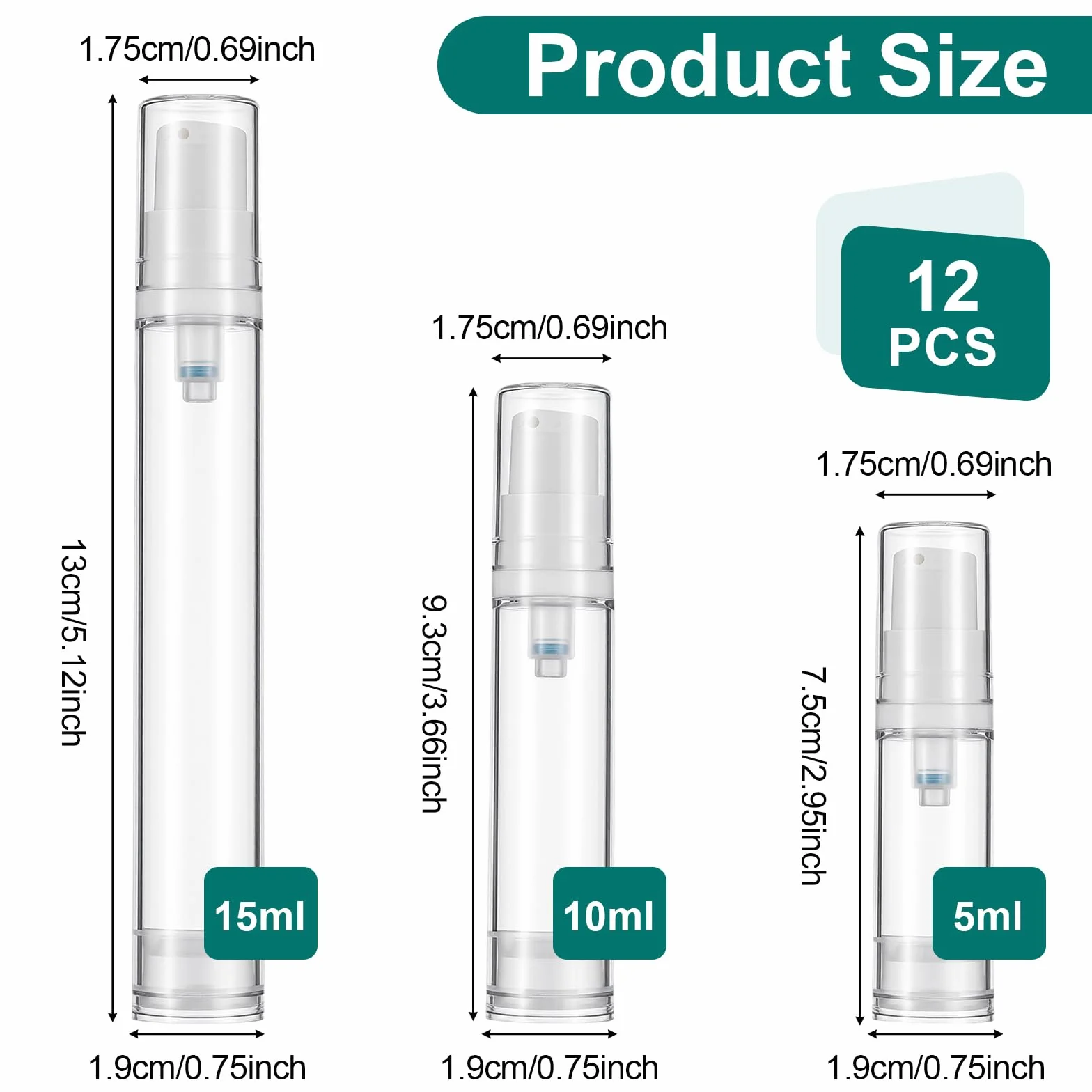Andibro Airless dozownik z pompką, 12 sztuk, 5 ml, 10 ml, 15 ml, mały, pusty dozownik kremu, pusta, bezpowietrzna, przenośny dozownik kremu do podróży, użytku w domu