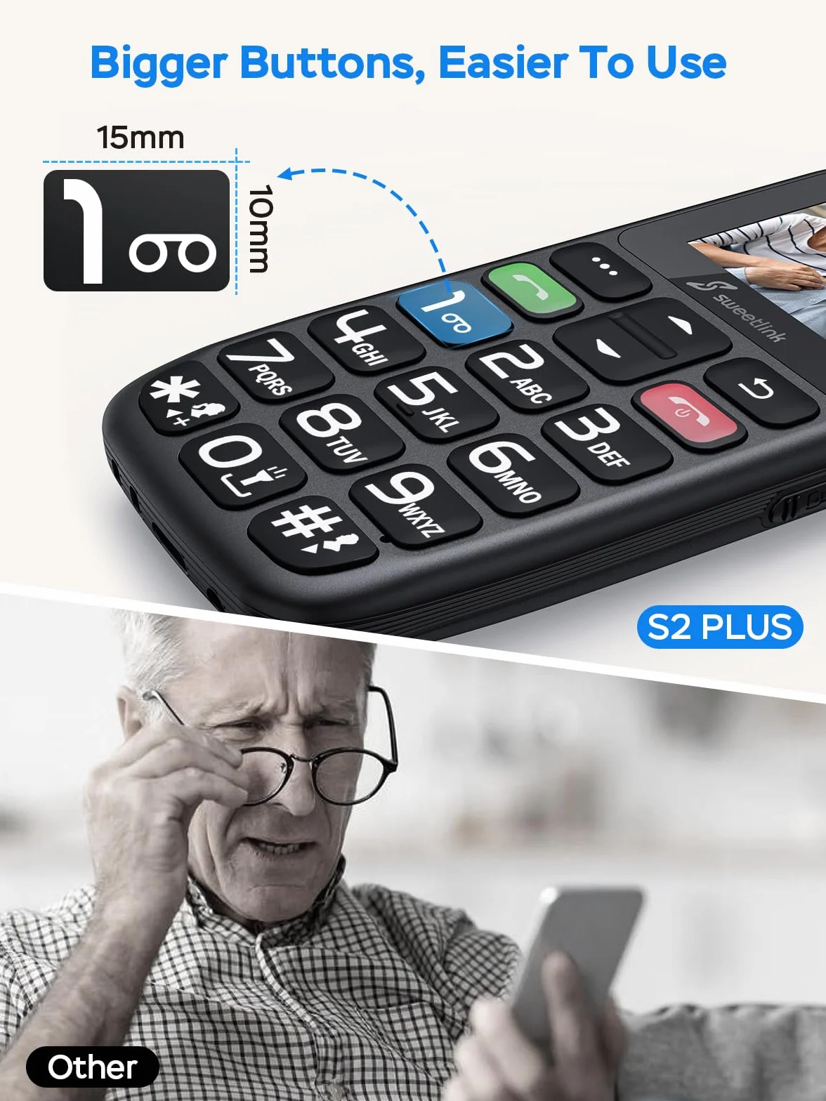 SweetLink Telefon komórkowy dla seniorów z dużymi przyciskami, telefony komórkowe GSM dla seniorów o dużej głośności, kontakty obrazkowe, funkcja SOS, szybkie wybieranie, czarny