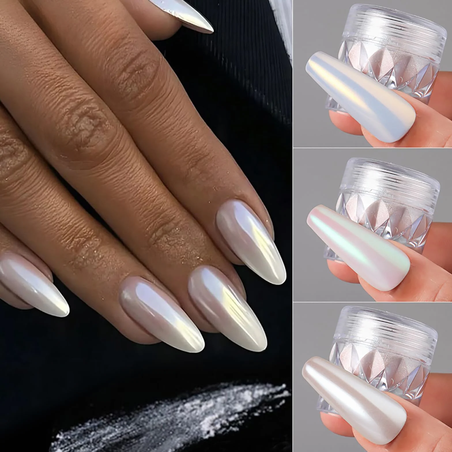 White Pearl Chrome Nail Powder Aurora Nail Powder holograficzny puder do paznokci 3 szt. lustrzany puder brokatowy