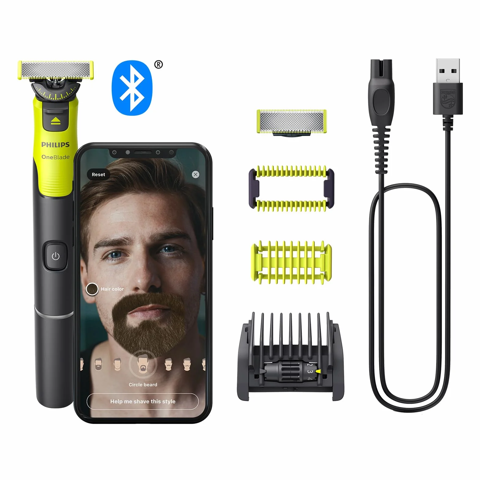 Autentyczny Philips OneBlade 360 with Connectivity, elektryczny trymer do brody, golarki i ciała z technologią 360 ostrzy, 1x360 ostrzy, regulowany grzebień 5w1, 1x zestaw do ciała, (model QP4631/30)