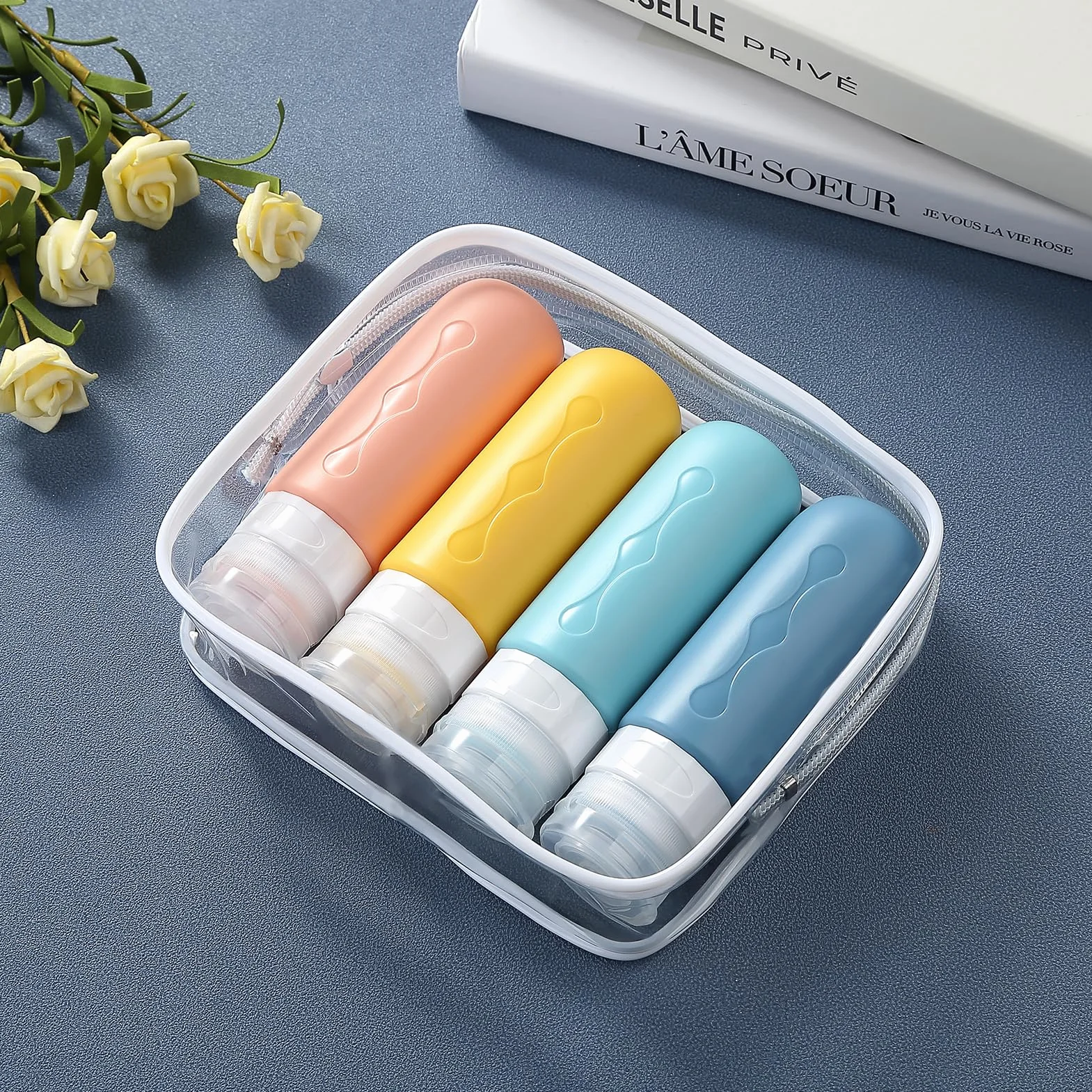 Gemice Silikonowe butelki podróżne 90 ml, 4 sztuki, szczelne pojemniki podróżne, zestaw przyborów toaletowych, zatwierdzone przez FDA, pojemniki na płyny, do szamponu, kremu, odżywki, pielęgnacji