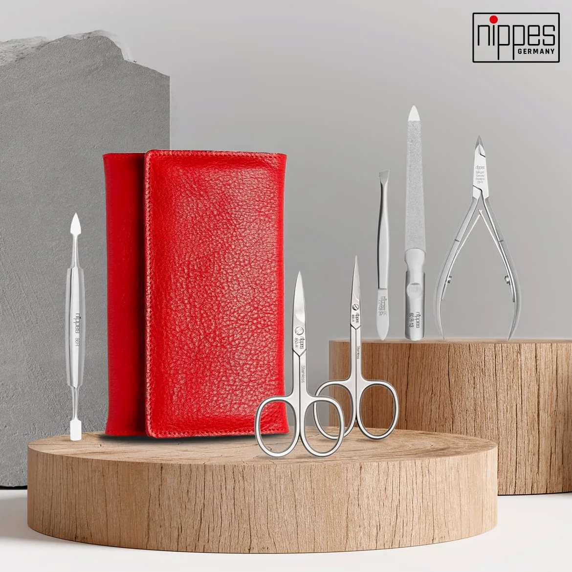 nippes Solingen Premium Line Wild Red, 6-częściowy zestaw do manicure, stal nierdzewna, nie zawiera niklu, etui ze skóry bydlęcej z zatrzaskami, czerwony/czarny, zestaw do pielęgnacji paznokci, Made