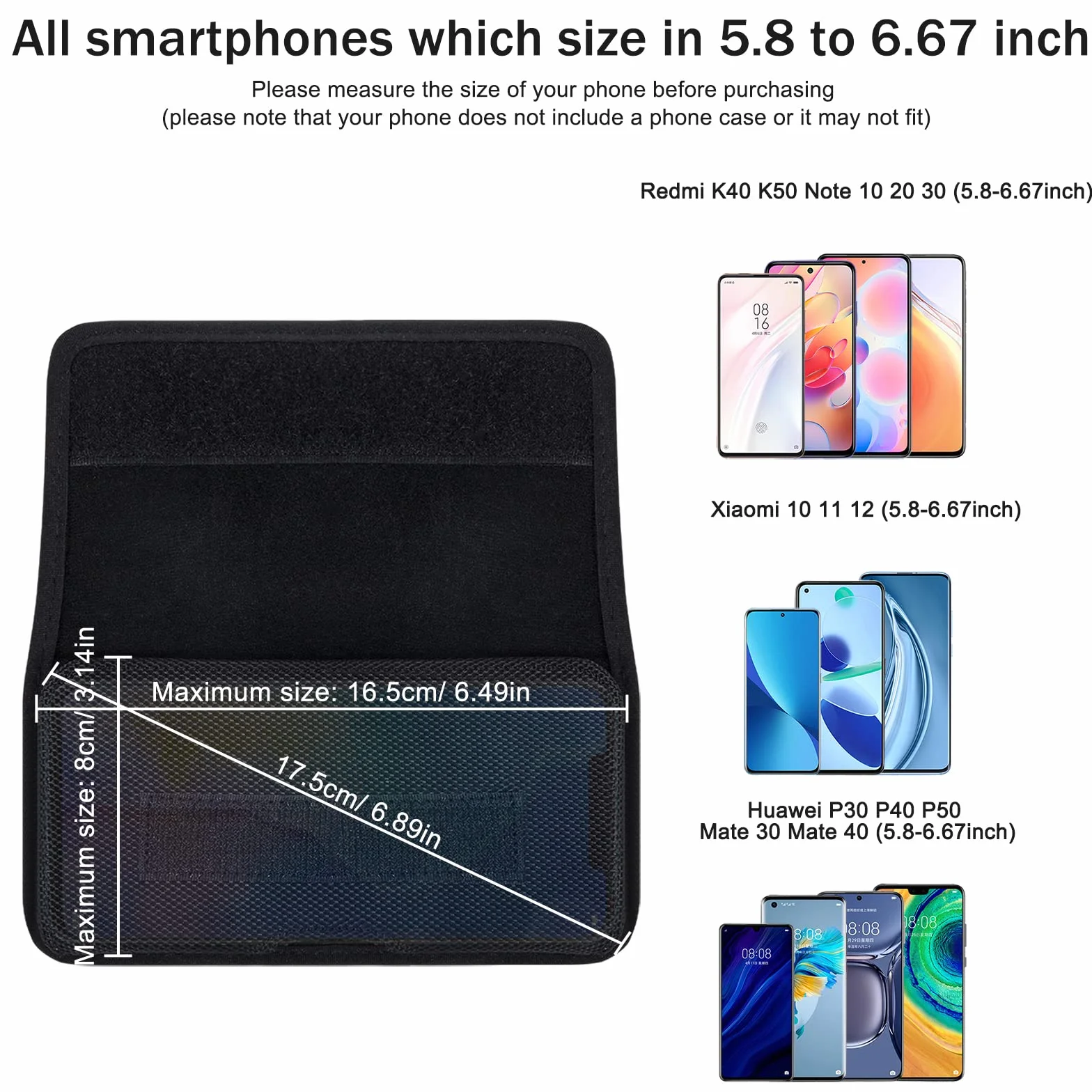 Etui na telefon komórkowy z paskiem, smartfon, etui na telefon komórkowy z klipsem do paska, poziomo kompatybilne smartfony o przekątnej ekranu od 5,8 do 6,67 cala, kolor czarny