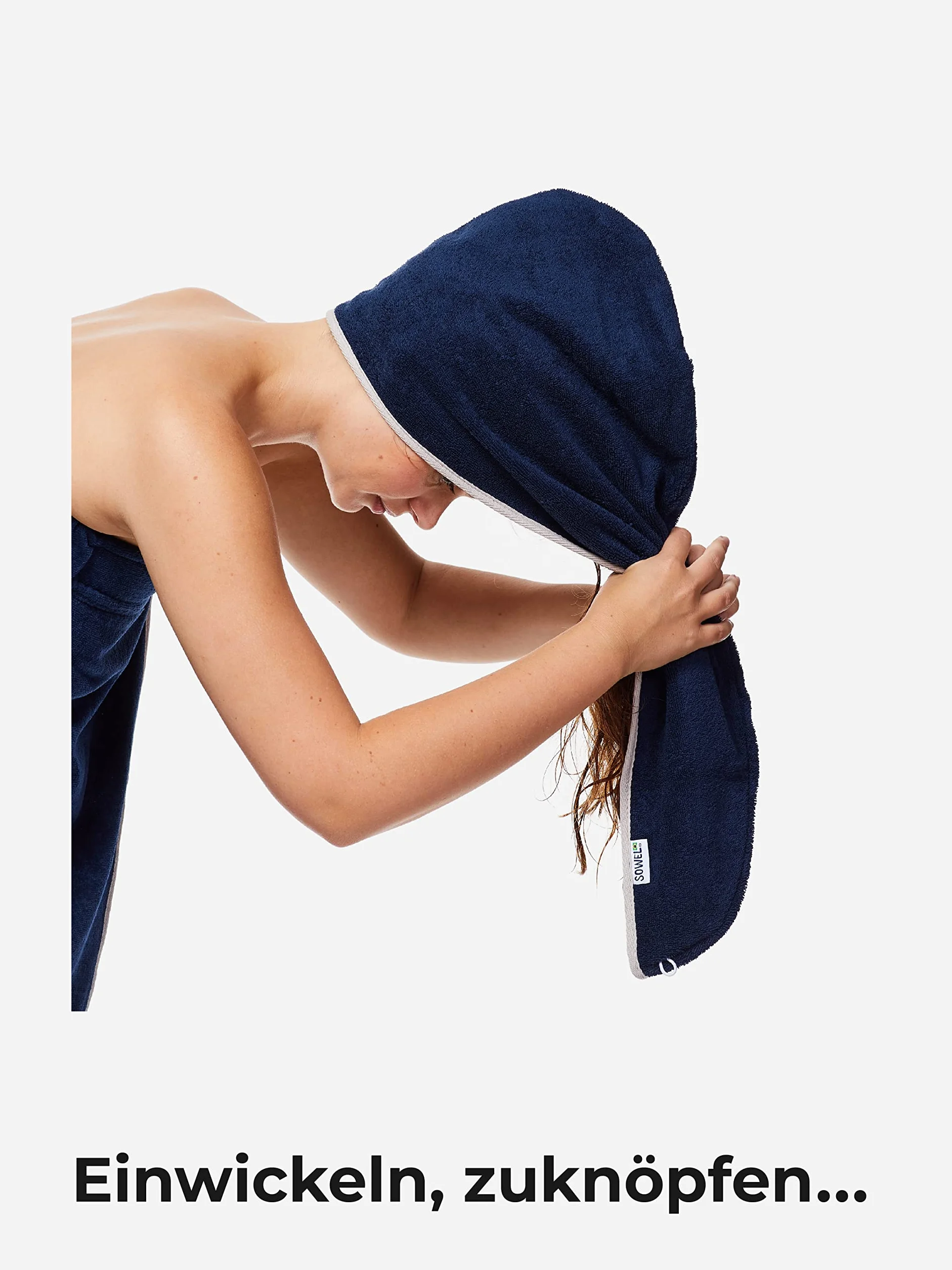 Sowel® Turban do włosów ze 100% bawełny organicznej, ręcznik turban z guzikiem, dla kobiet i mężczyzn, granatowy/szary