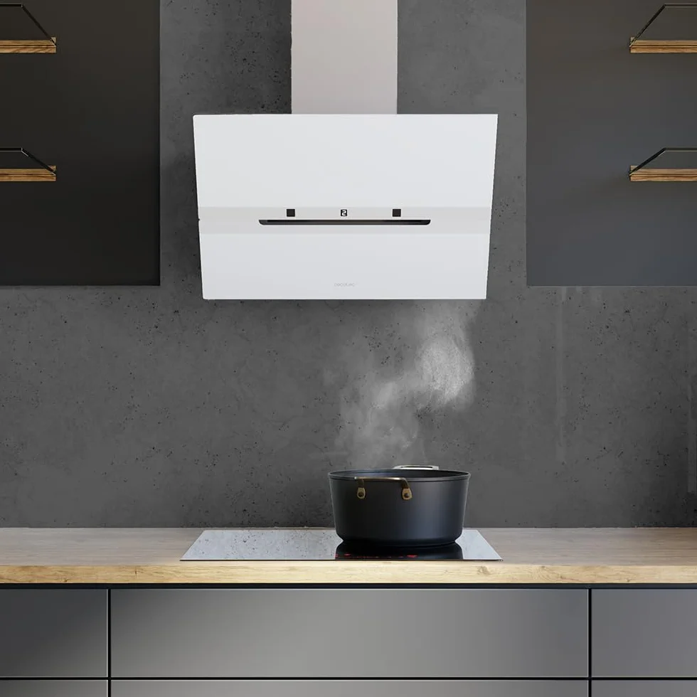 Cecotec Okap próżniowy 60 cm szkło hartowane. Bolero Flux DT 608010 szkło białe A++ 210 W, okap 60 cm, szkło białe, przepływ powietrza 800 m3/h, A++, elektroniczny, LED, węgiel Ø176, aluminium 5