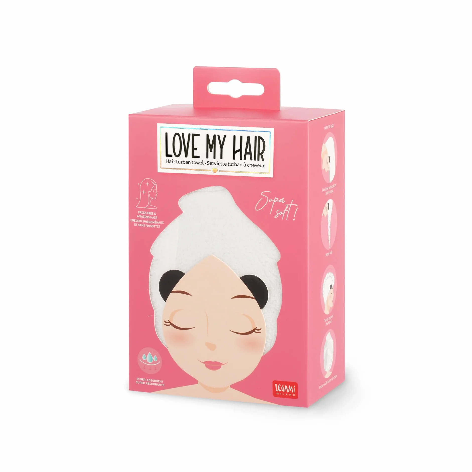 Legami - Love My Hair Turban do włosów, szybkoschnąca suszarka do włosów z mikrofibry, super chłonna, miękka, zapobiegająca puszeniu się, damski ręcznik do włosów, zapięcie na guzik, motyw pandy