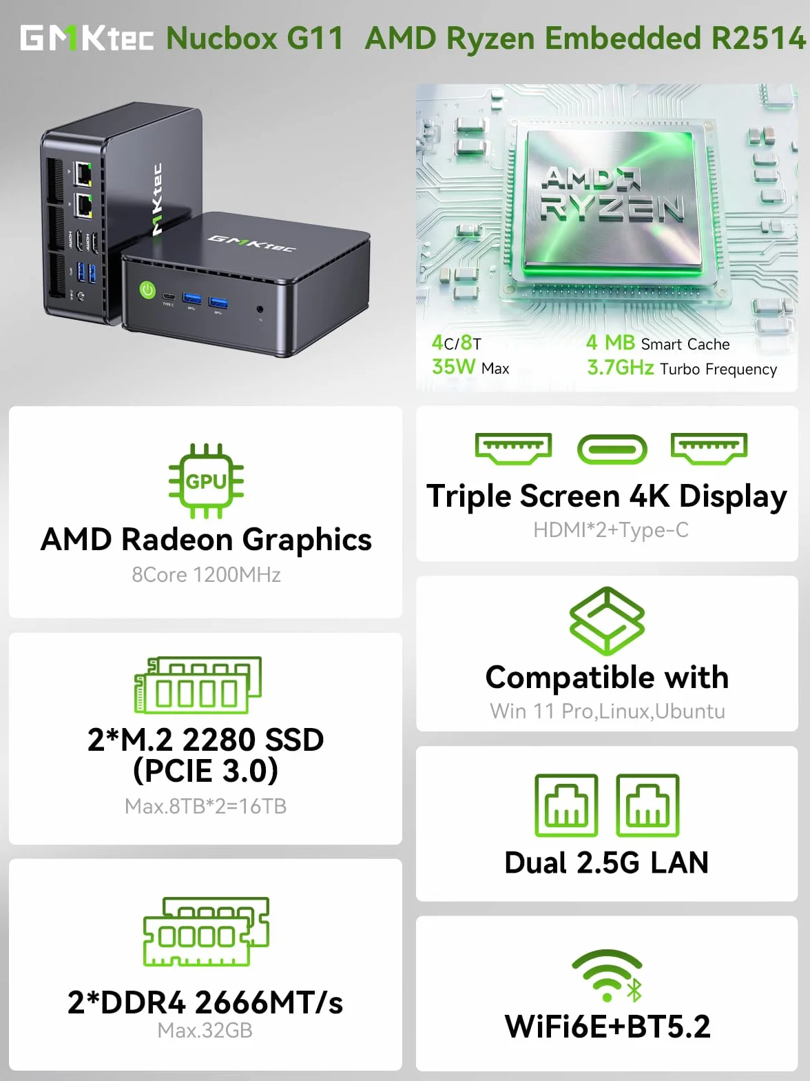 GMKtec G3 Plus Mini PC, AMD Ryzen 5 3500U(ulepszony N100) 16 GB RAM 512 GB M.2 2280 SSD, mini komputer obsługuje Windows 11 Pro/Dual HDMI/WiFi6/BT5.2