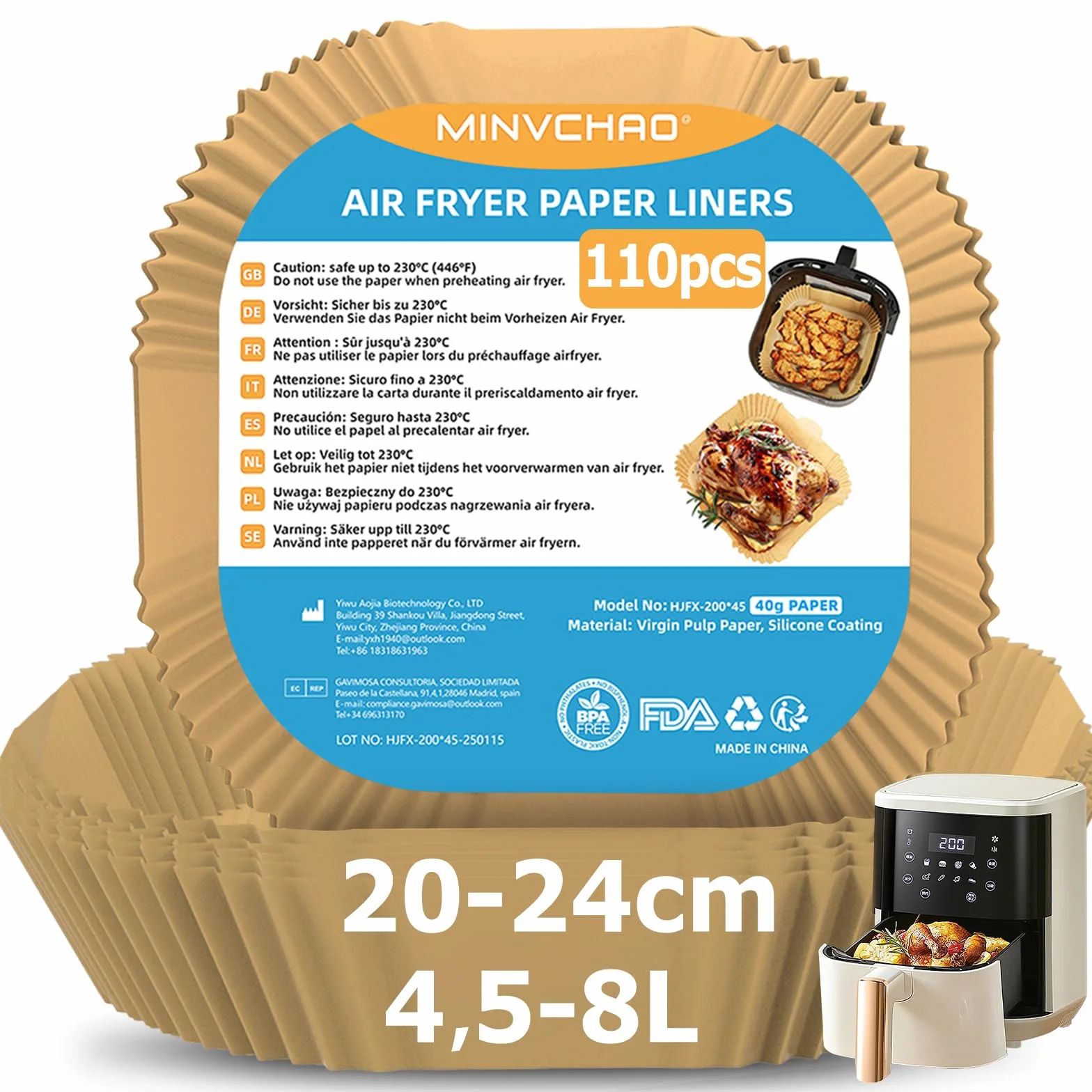 Papier do pieczenia do frytownic na gorące powietrze 110 sztuk 20-24cm 4,5L-8L