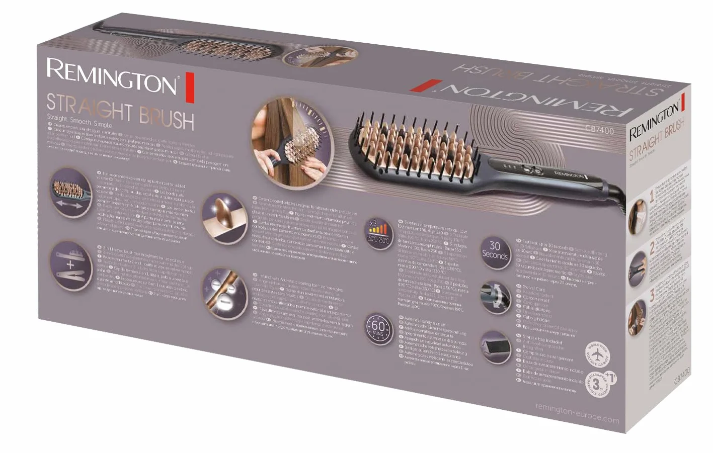 Remington szczotka prostująca z jonizacją, ceramiczne włosie z powłoką antystatyczną, 3 ust. temperatury, szybkie nagrzewanie, przewód 1.8m, etui, szara/brązowa, Straight Brush CB7400