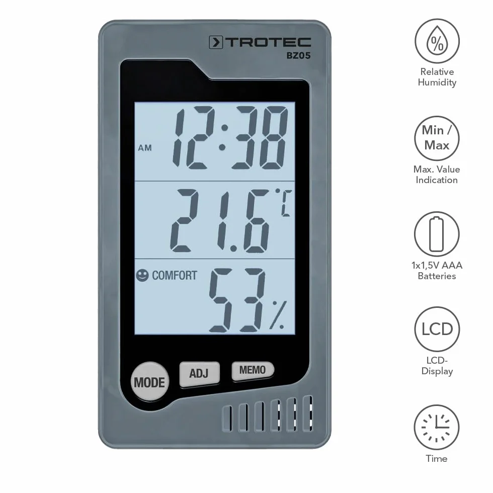 TROTEC BZ05 Termohigrometr wewnętrzny stacja klimatyczna wskazuje temperaturę wilgotność powietrza godzinę i datę