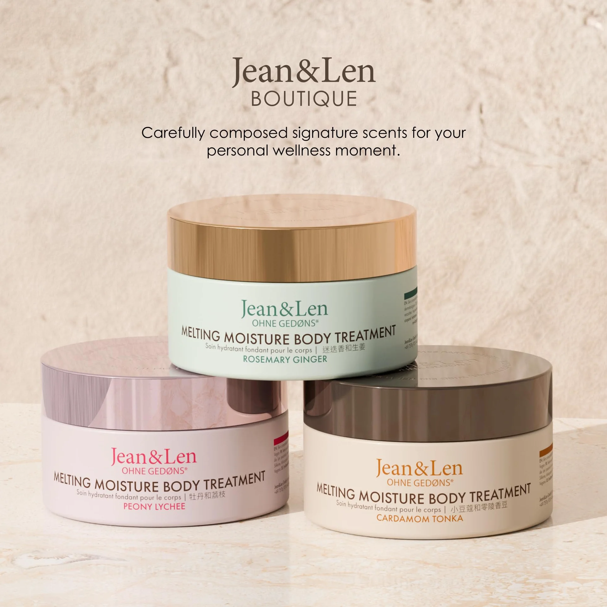 Jean & Len Melting Moisture Body Treatment Cardamon & Tonka, pachnący efekt pielęgnacji, do skóry normalnej, wysokiej jakości tygiel, pielęgnujące masło do ciała, bez parabenów i silikonów, wegańskie,