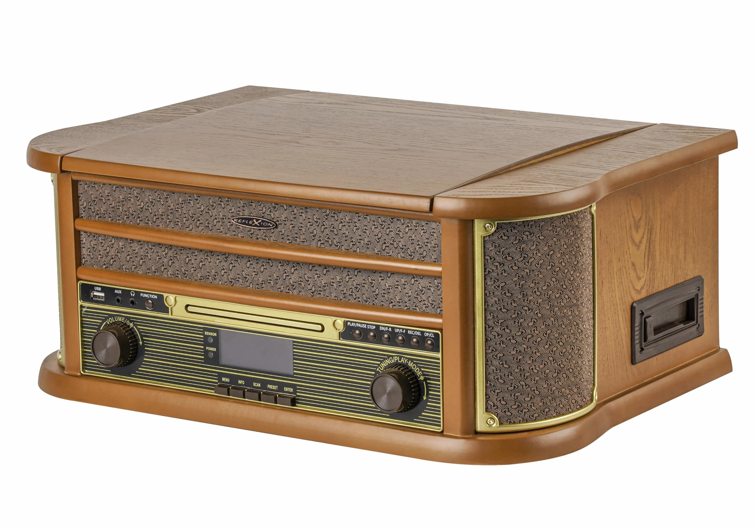 Reflexion HIF2002 wieża stereo retro z gramofonem, kasetą, odtwarzaczem CD i radiem DAB (DAB+, UKF/MW, MP3, USB, wyświetlaczem LCD, pilotem zdalnego sterowania, 80 W, obudowa z prawdziwego drewna), kolor brązowy