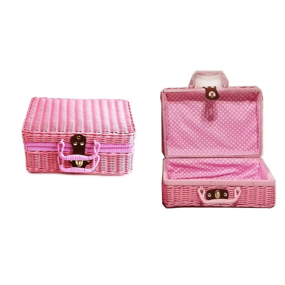 Przechowywanie Makijaż Przenośna rattanowa torebka Materiał ochronny Imitacja Walizka Retro Pudełko do przechowywania kosmetyków Toaletka, B, 34x24x14cm