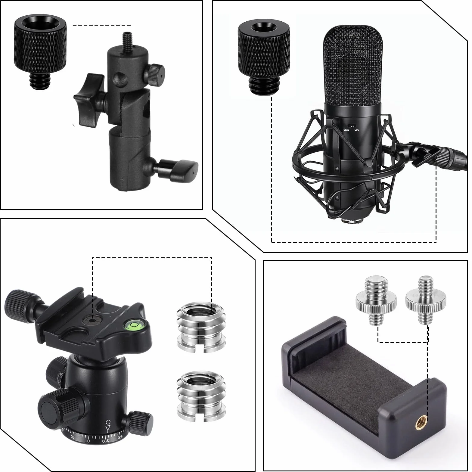 Yuanchu Adapter do statywu, 1/4 na 3/8 cala, adapter gwintowany z metalu, adapter, statyw podwójna śruba, kompatybilny ze statywem do aparatu, statywem mikrofonowym, statywem lampowym