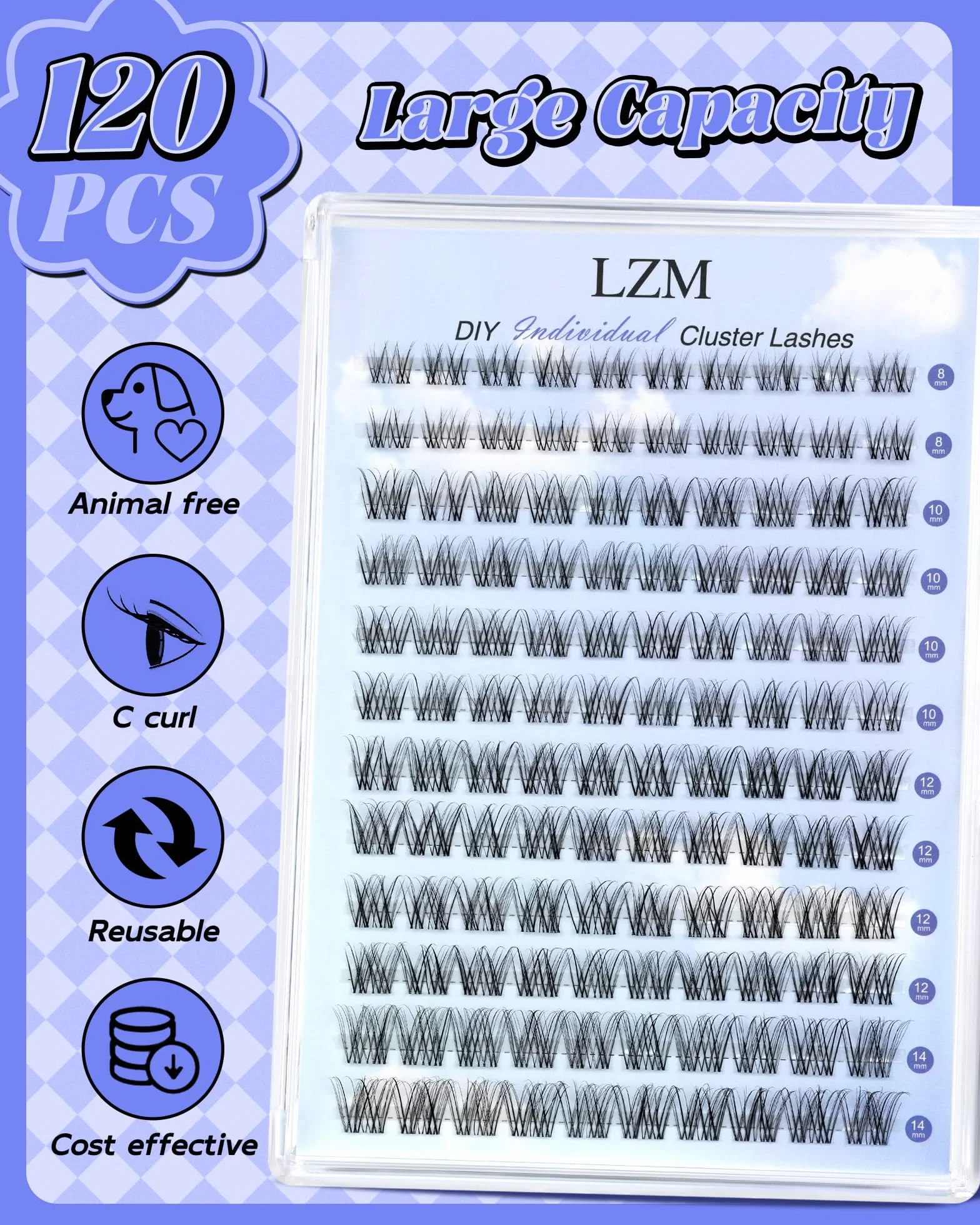 LZM Sztuczne rzęsy, pojedyncze, przezroczyste rzęsy, 120 szt., 8–14 mm, C Curl, lekkie i wygodne, naturalne rzęsy (KLS220 C Curl)