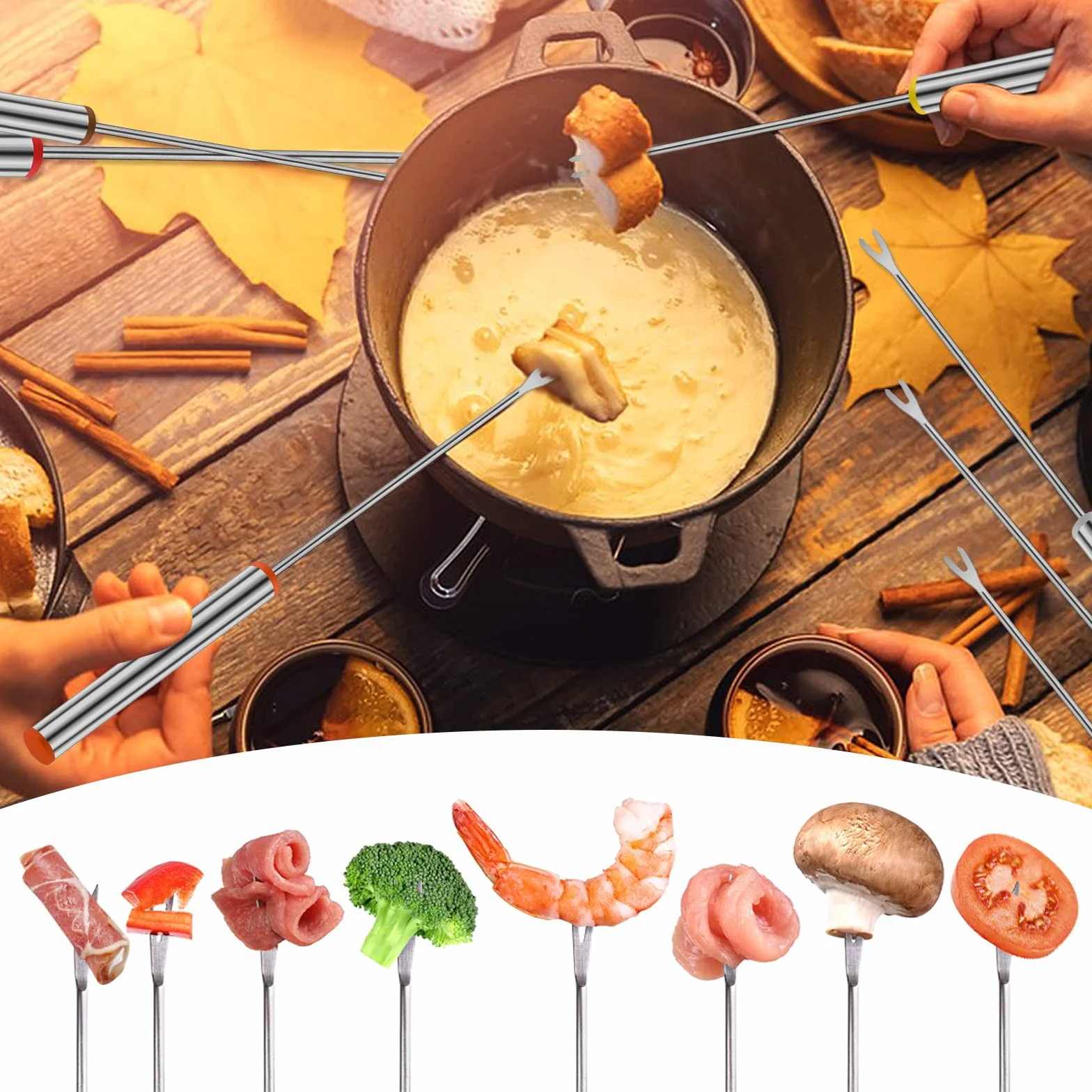 Prasacco 12 Szt. Widelców do Fondue 25 cm - Patyczki ze Stali Nierdzewnej z Odpornym na Ciepło Uchwytem do Sera, Czekolady, Pieczenia Mięsa