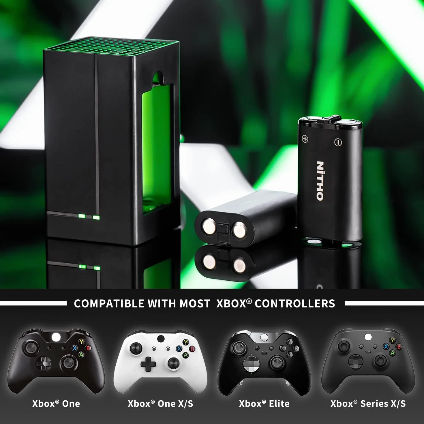 NiTHO stacja ładująca kompatybilna z konsolą Xbox One/Xbox Series X/S kontroler, 2 akumulatory w zestawie, kompaktowa stacja ładująca z zielonymi światłami otoczenia i diodami LED stanu ładowania