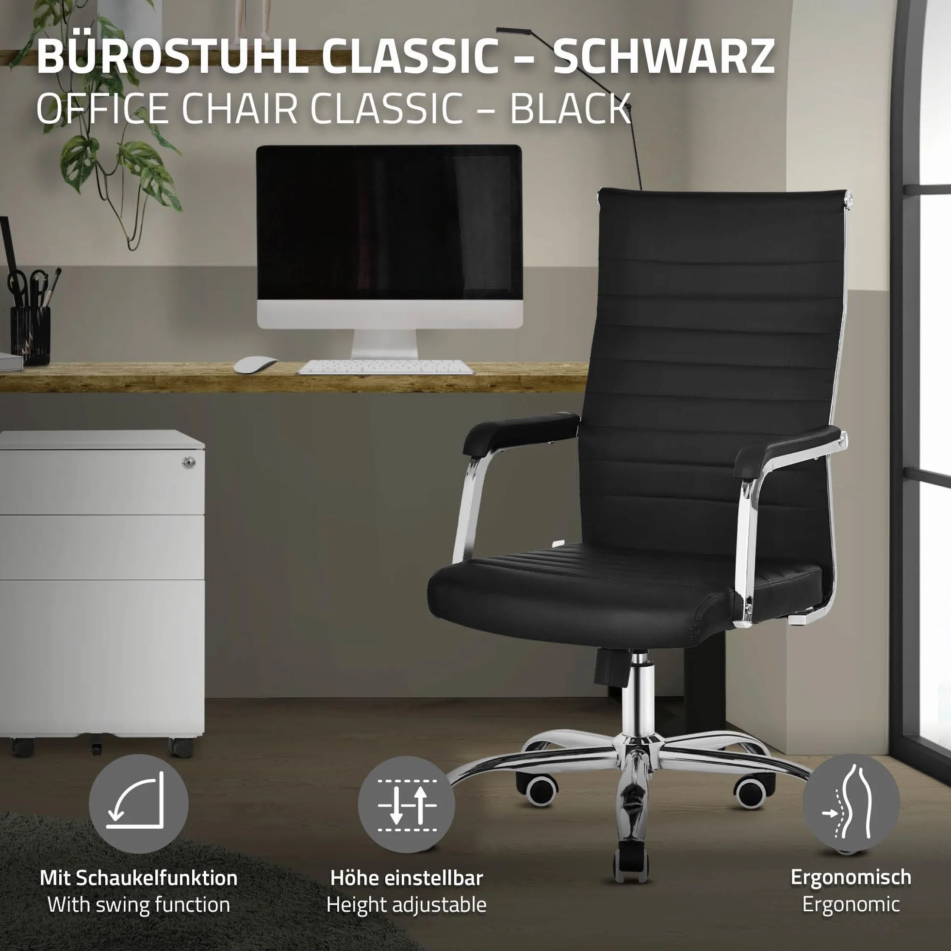 ML-Design Ergonomiczne Krzeslo Biurowe Czarne Regulowane Krzeslo Komputerowe z Podlokietnikami Ekoskóra Chromowana Stalowa Rama Fotel Obrotowy na Kólkach z Funkcja Bujania Krzeslo do Pracy Biura