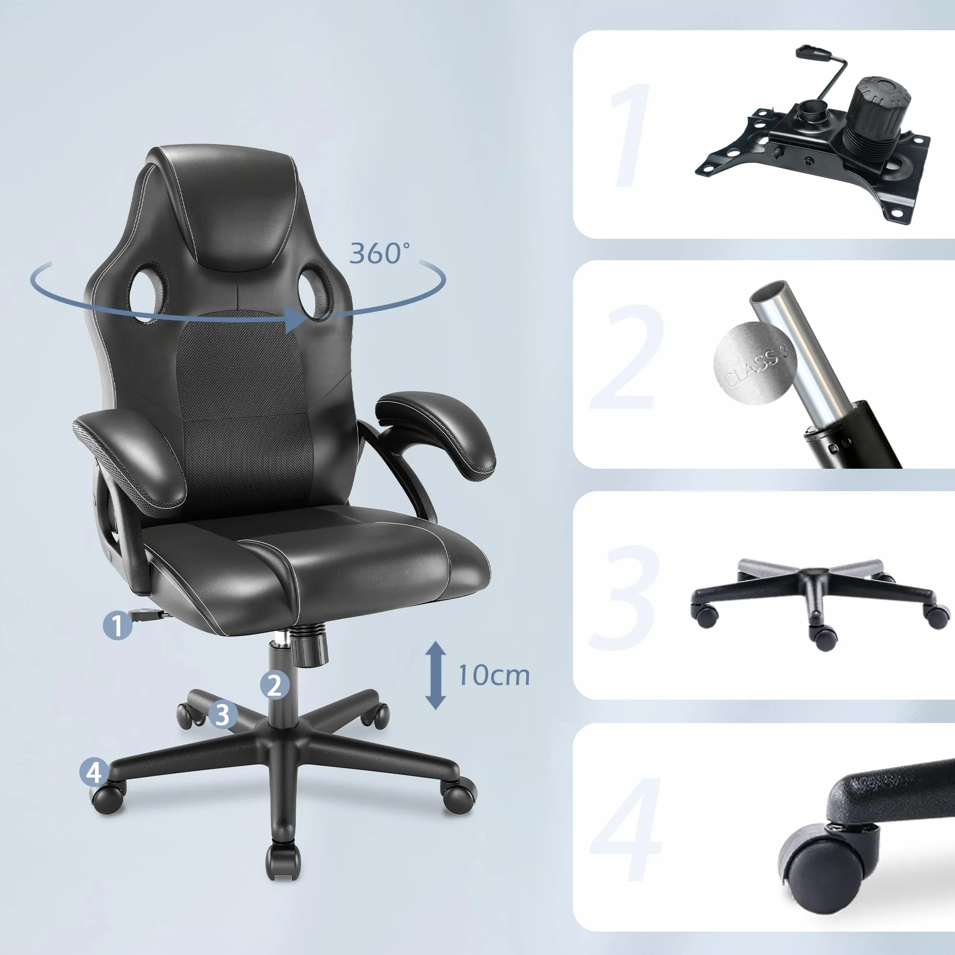 play haha. krzesło gamingowe biurowe obrotowe ergonomiczne krzesło konferencyjne podparcie lędźwiowe skóra PU regulowane krzesło robocze (Czarny)