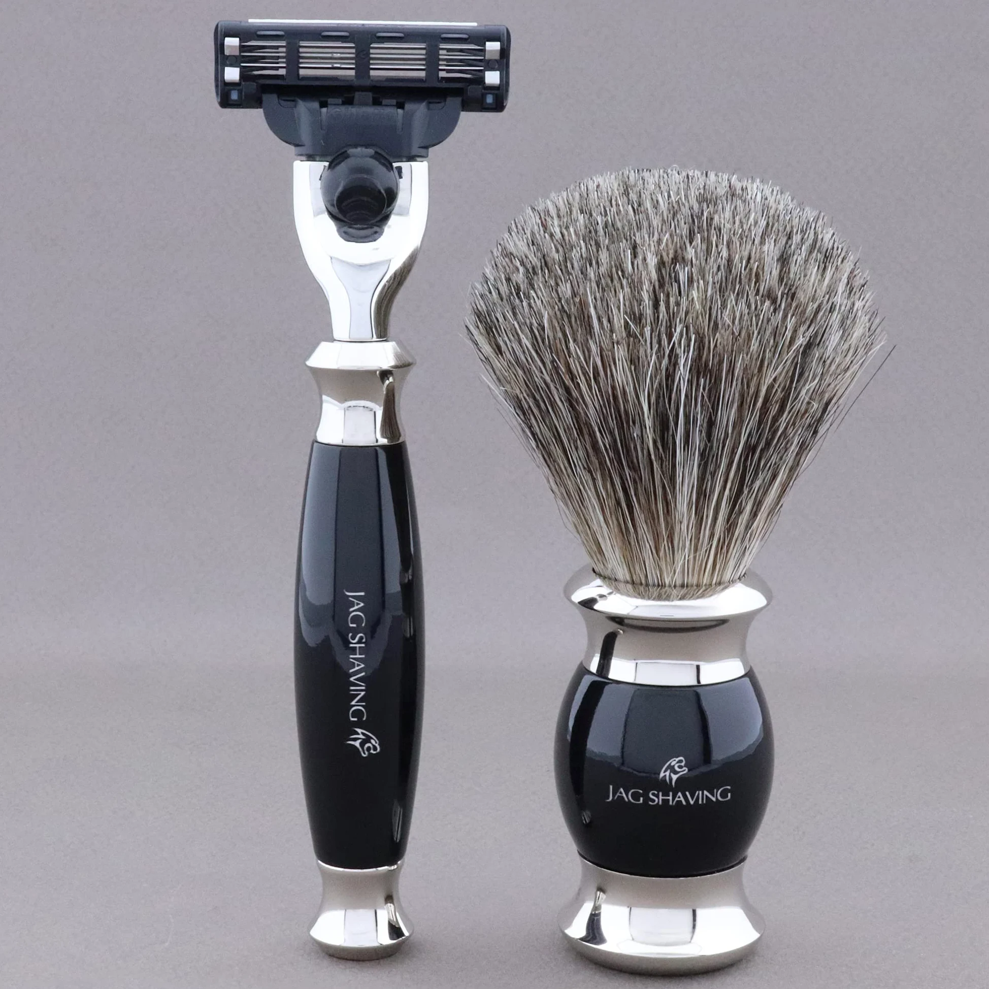 Jag Shaving zestaw do golenia – 3-częściowy zestaw do golenia z pędzlem do golenia – 3 ostrza do golenia – super pędzel do golenia z włosia borsuka – stojak do golenia – czarny zestaw do golenia jako