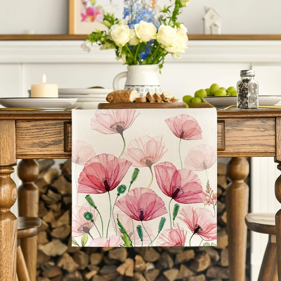 Artoid Mode Bieżnik stołowy z liśćmi maku polnego na wiosnę, lato, sezonowa dekoracja stołu w kuchni, na urlop, imprezę, 40 x 140 cm