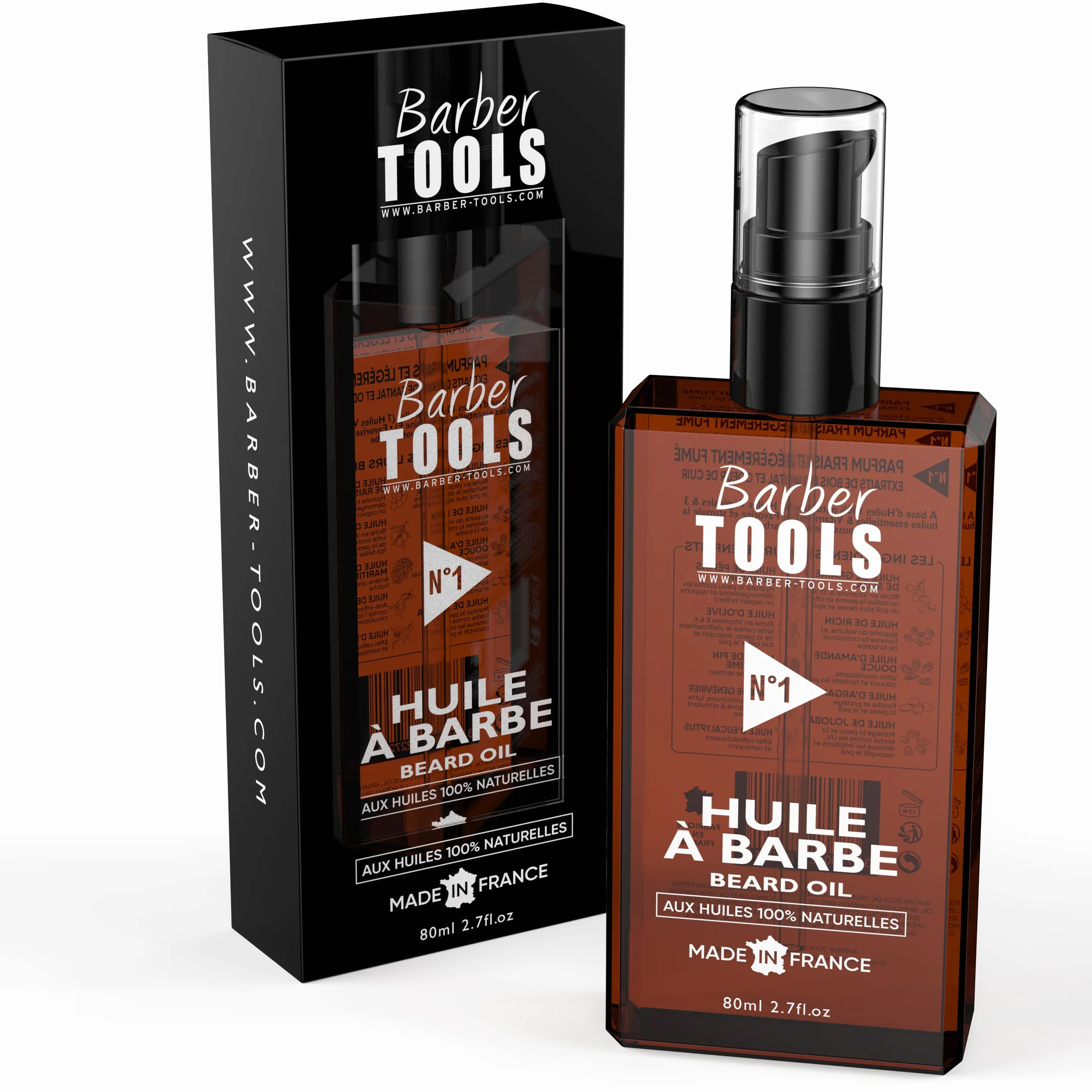 Olejek do brody, N°1, (80ml), 100% naturalny - Wyprodukowano we Francji - Wspomaga wzrost brody - Na bazie oleju rycynowego, 7 olejków roślinnych & 3 olejki eteryczne & Witamina E - Pielęgnacja brody