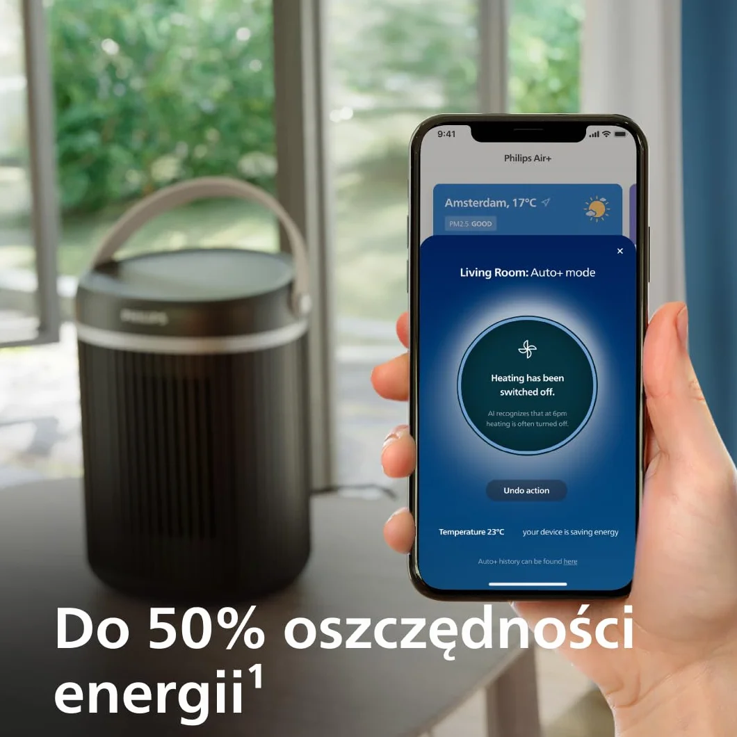 Philips Serii 3000 Termowentylator 2000 W EcoAI Oszczędność 50% Aplikacja Cicha Praca 24 dB(A) Oscylacja 45° Ciemnoszary CX3120/01
