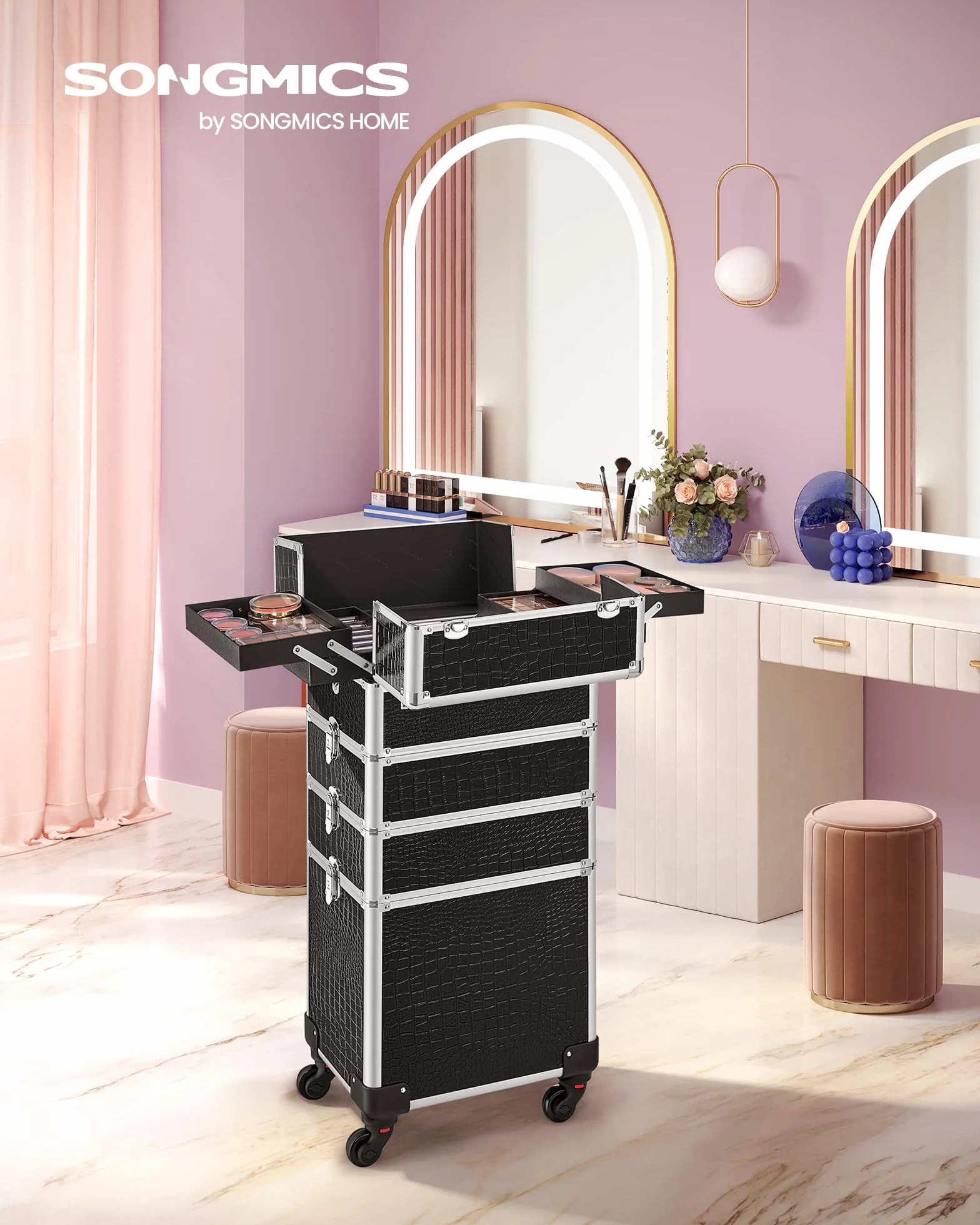 SONGMICS Aluminiowa walizka na kółkach, walizka fryzjerska, kuferek na kosmetyki bez zawartości, bagaż podręczny, Beauty Case, 4 w 1, XXL, czarna JHZ06B