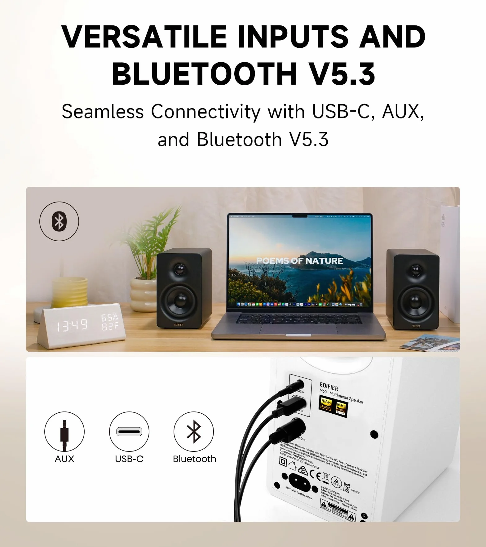 Edifier M60 Głośnik Multimedialny, Bluetooth 5.3, 66W RMS, Hi-Res Audio & Bezprzewodowy, LDAC, 3" Bas & 1" Tweeter, Wejścia USB-C & Aux, Panel dotykowy, Kompaktowy głośnik biurkowy