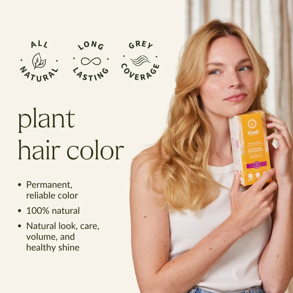 khadi ŚREDNI BLOND roślinna farba do włosów, zanurza włosy w ciepłym średnim blondzie z aksamitnymi refleksami kolorystycznymi, w 100% roślinna i naturalna, certyfikowane kosmetyki naturalne, 100g