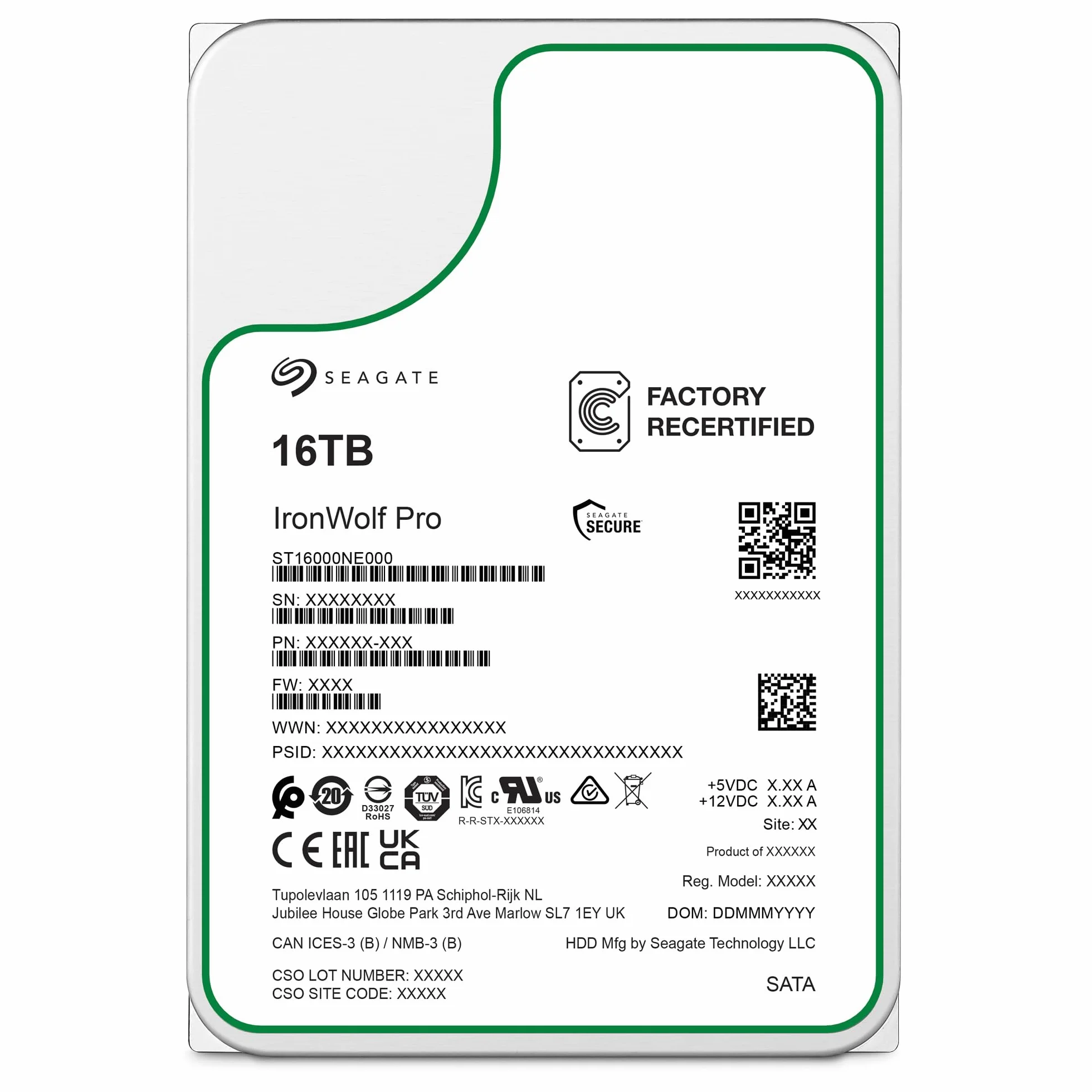 Seagate IronWolf Pro ST16000NE000 Wewnętrzny dysk twardy NAS 16 TB HDD, 3,5 cala, 7200 obr./min, CMR, 256 MB pamięci podręcznej, SATA3 (odnowiony)