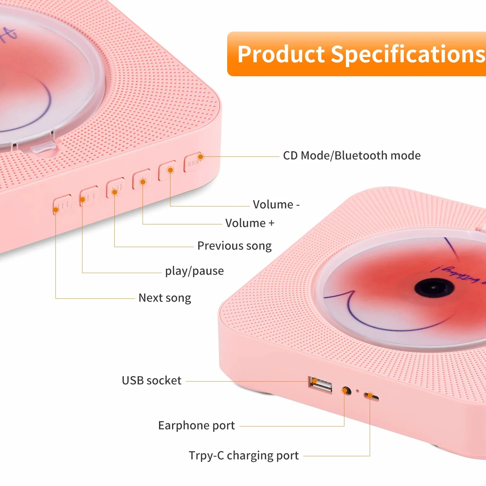 Yintiny Uroczy różowy odtwarzacz CD z Bluetooth 5.0, ładowalny, do dekoracji wnętrz, przenośny, piękny, pilot zdalnego sterowania, wejście AUX i USB