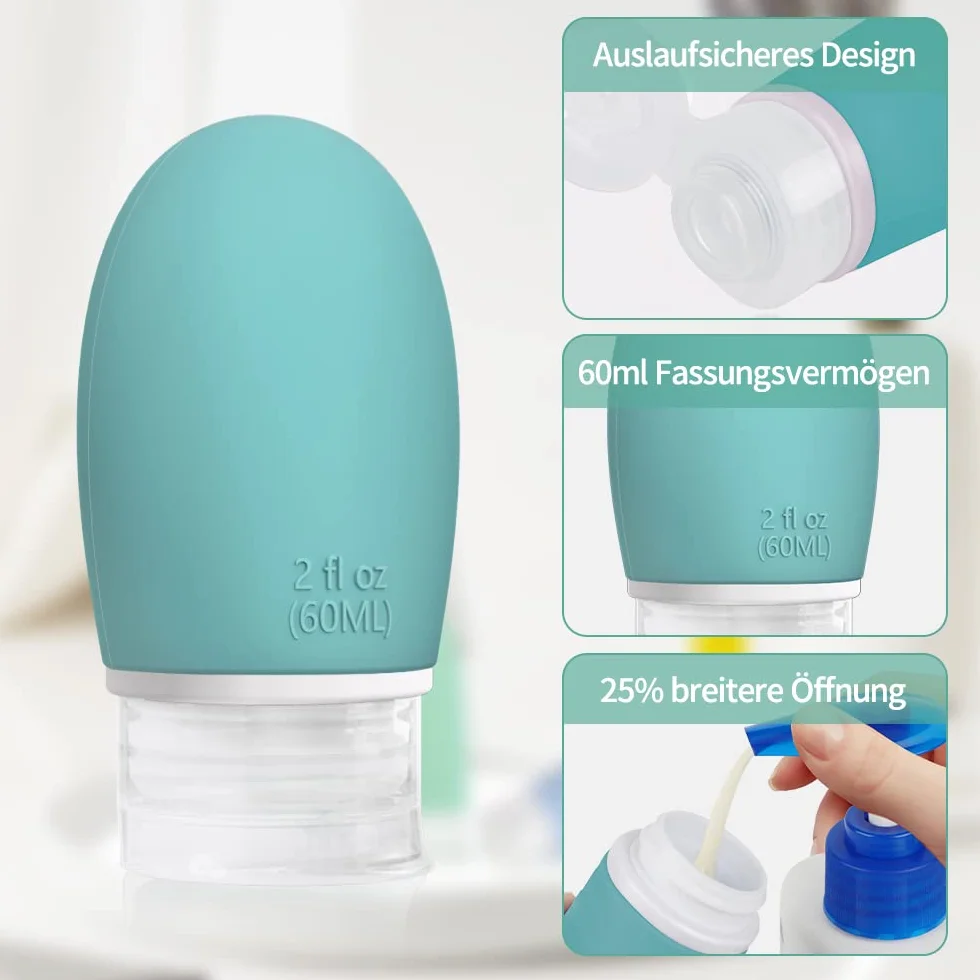 Opret Zestaw 4 silikonowych butelek podróżnych, 60 ml, szczelne, do wielokrotnego napełniania, przenośne pojemniki do szamponu, kremów, odżywki, nie zawierają BPA i posiadają certyfikat TSA