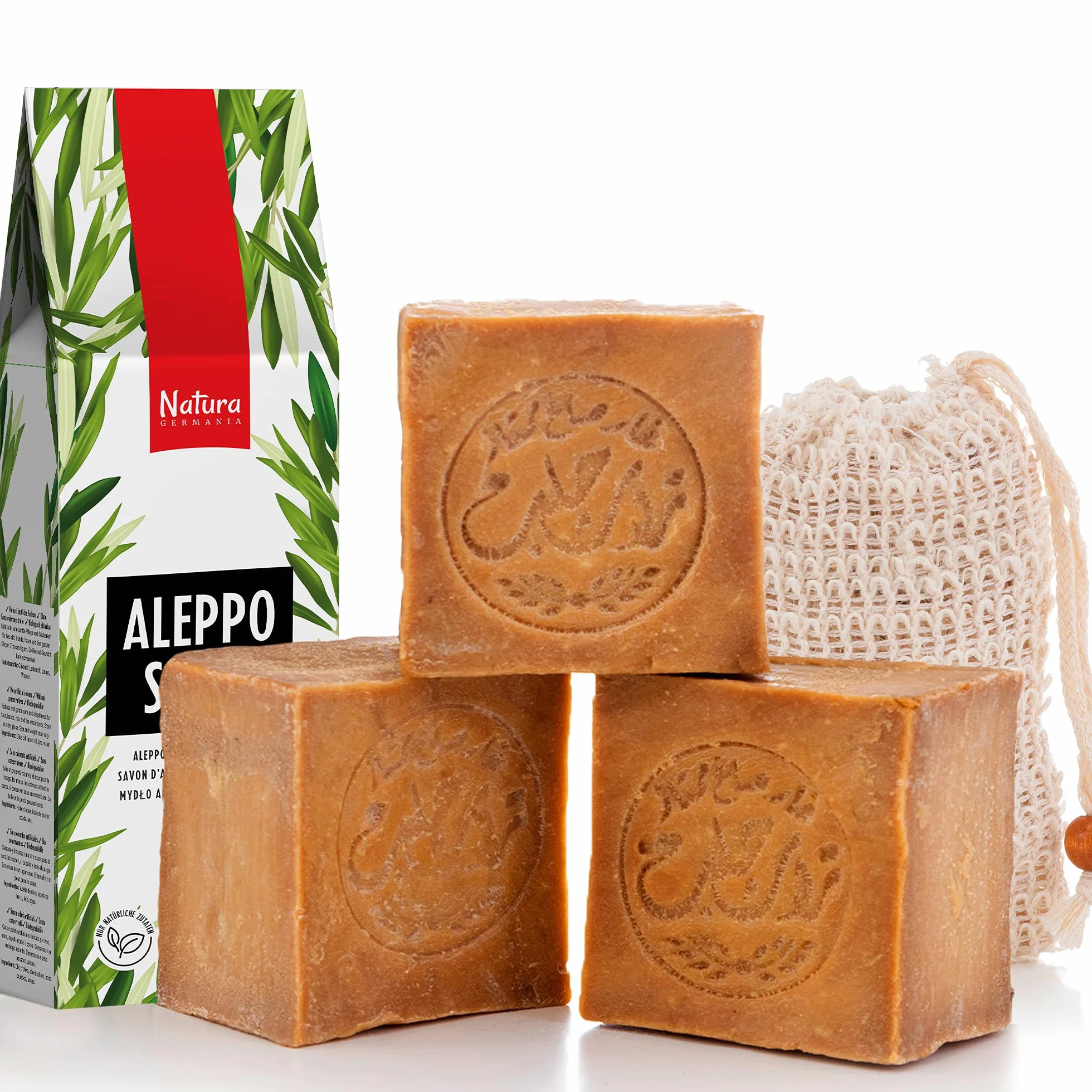 Natura Germania® Zestaw 3 oryginalnych mydeł Aleppo 90% oleju z oliwek / 10% oleju laurowego, każde o wadze około 200 gr (łącznie około 600 gr) + woreczek na mydło z sisalu | Mydło naturalne, mydło do włosów