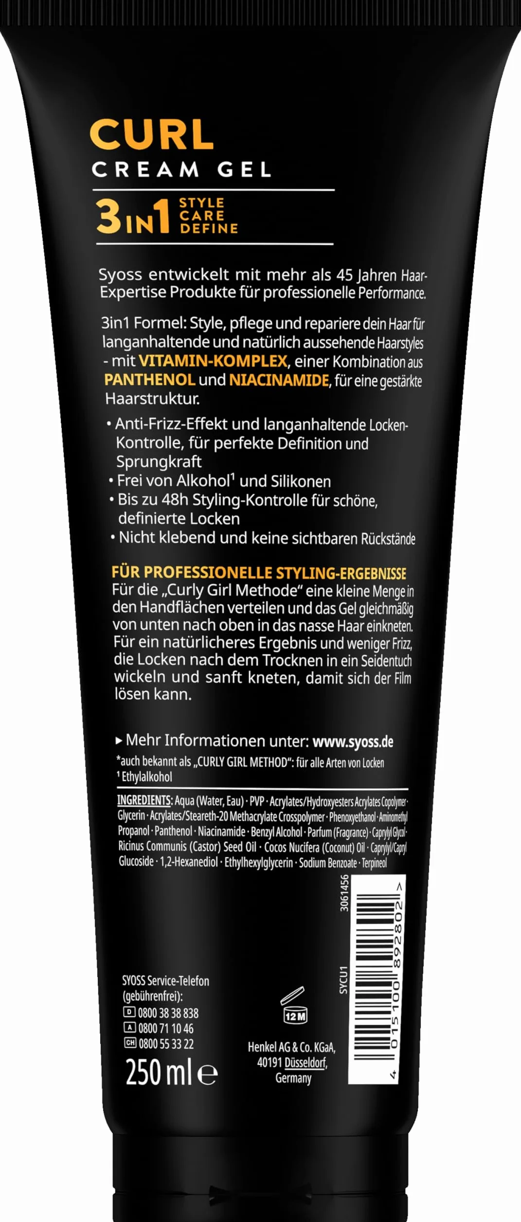 Syoss Curl Cream Gel (250 ml), żel zapobiegający puszeniu się loków do idealnie zdefiniowanych loków i fal bez widocznych pozostałości, krem do loków z kompleksem witamin dla wzmocnionej struktury
