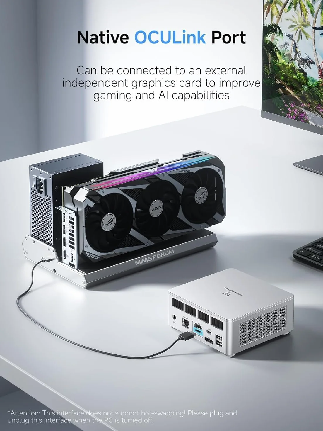 MINISFORUM UM880 Plus Mini PC, AMD Ryzen 7 8845HS (8C/16T, do 5,1 GHz), grafika Radeon 780M, OCuLink, podwójny wyświetlacz, 8K@60Hz, 5x port USB, Wi-Fi 6E, wersja bez RAM/SSD